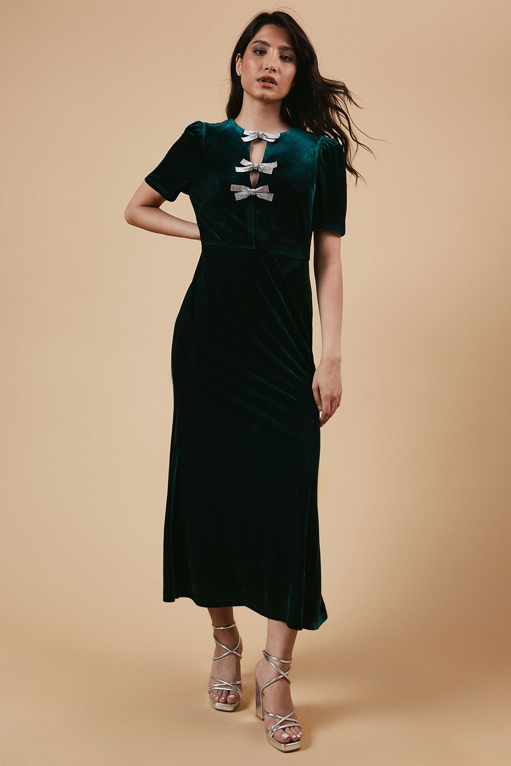 Oasis Occasion Velvet Diamante Bow Midaxi Dress Emerald image 1