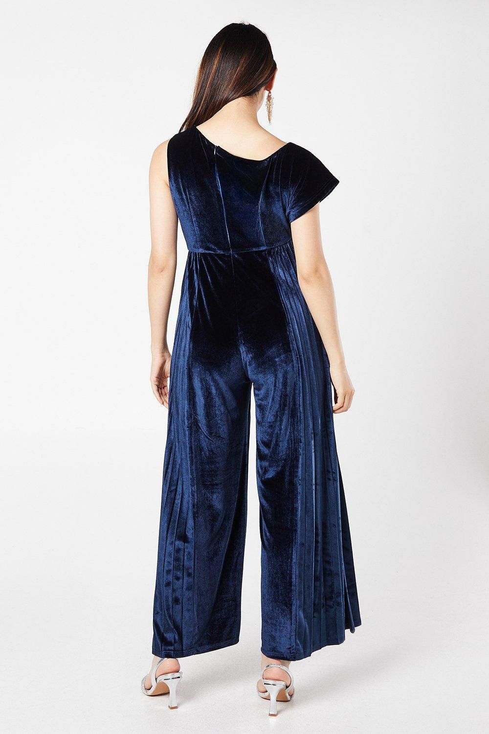 Coast Round Neck Pleated Velvet Jumpsuit Navy image 3
