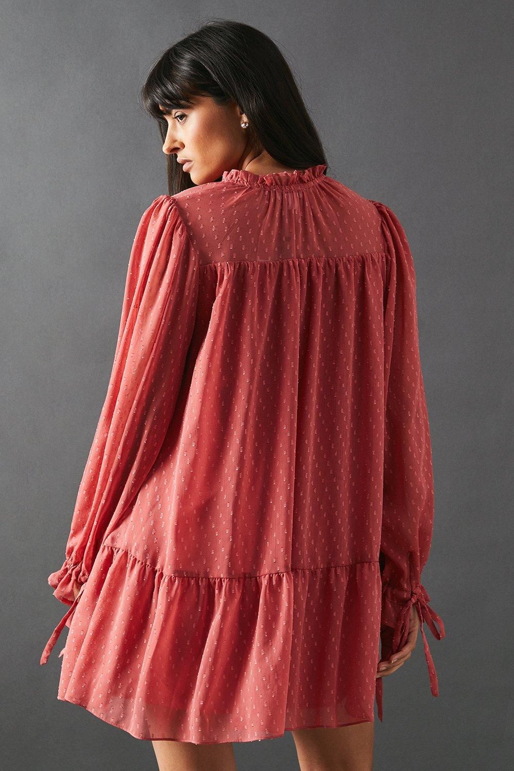 Warehouse Dobby Chiffon Tie Neck Drop Hem Mini Smock Dress Rose image 3