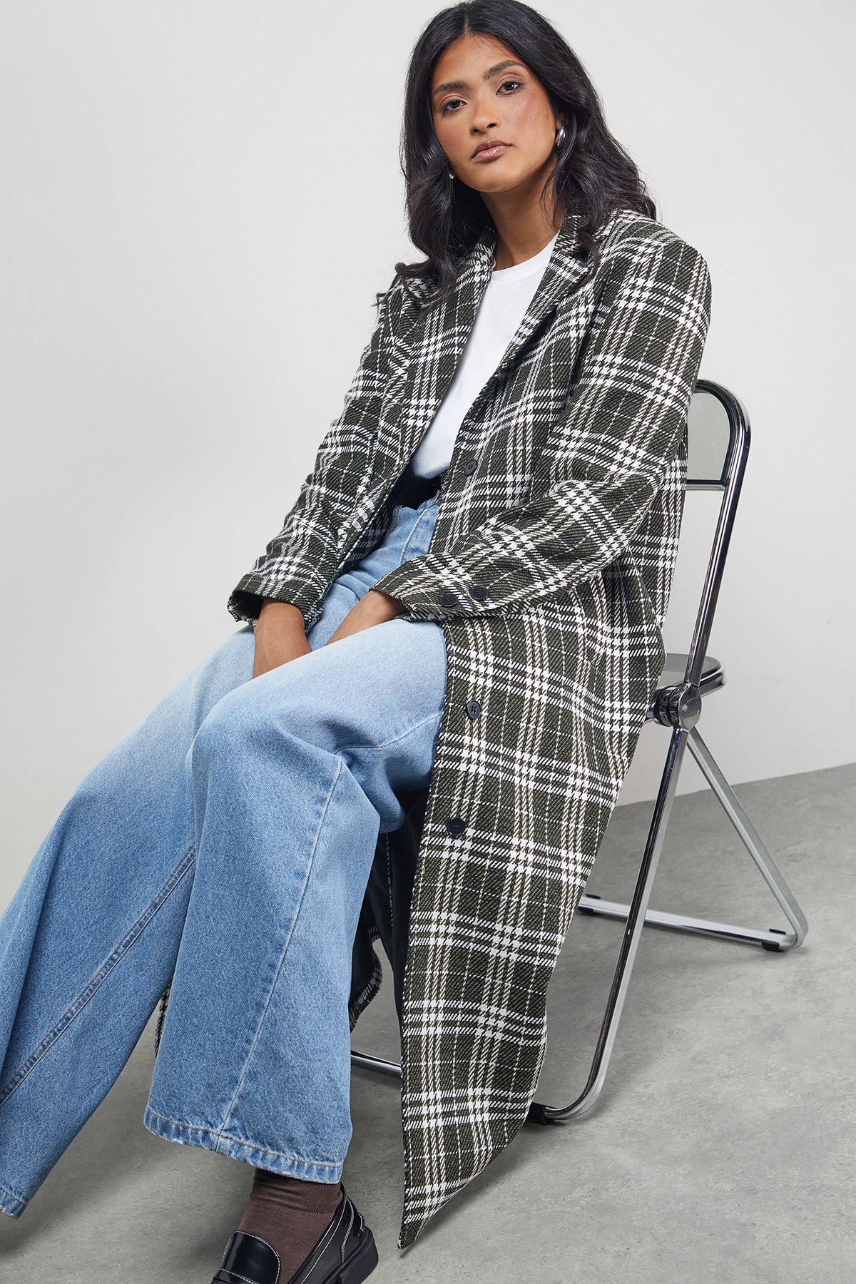 Warehouse Checked Oversized Maxi Coat Black image 2