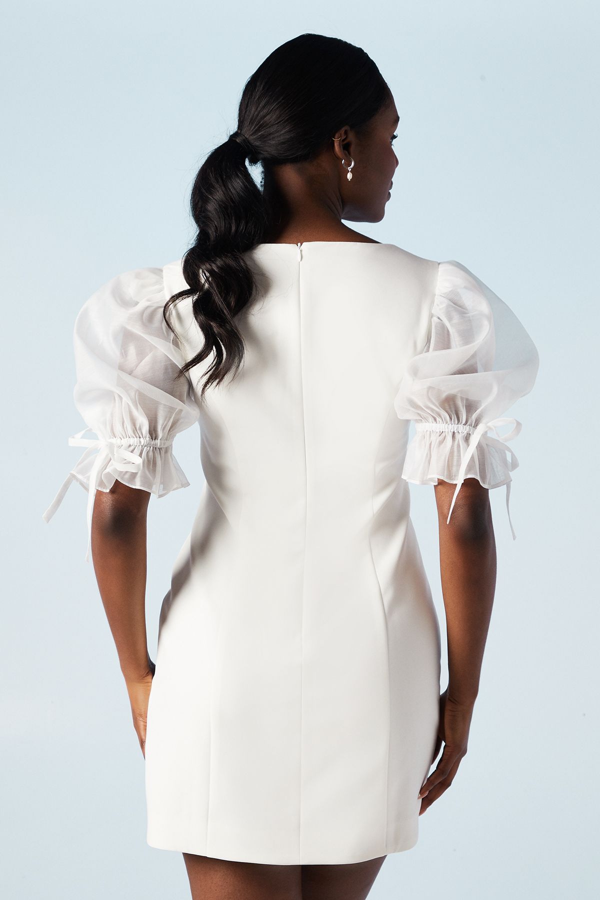 Oasis Stretch Crepe With Organza Puff Sleeve Bridal Mini Dress Ivory image 3