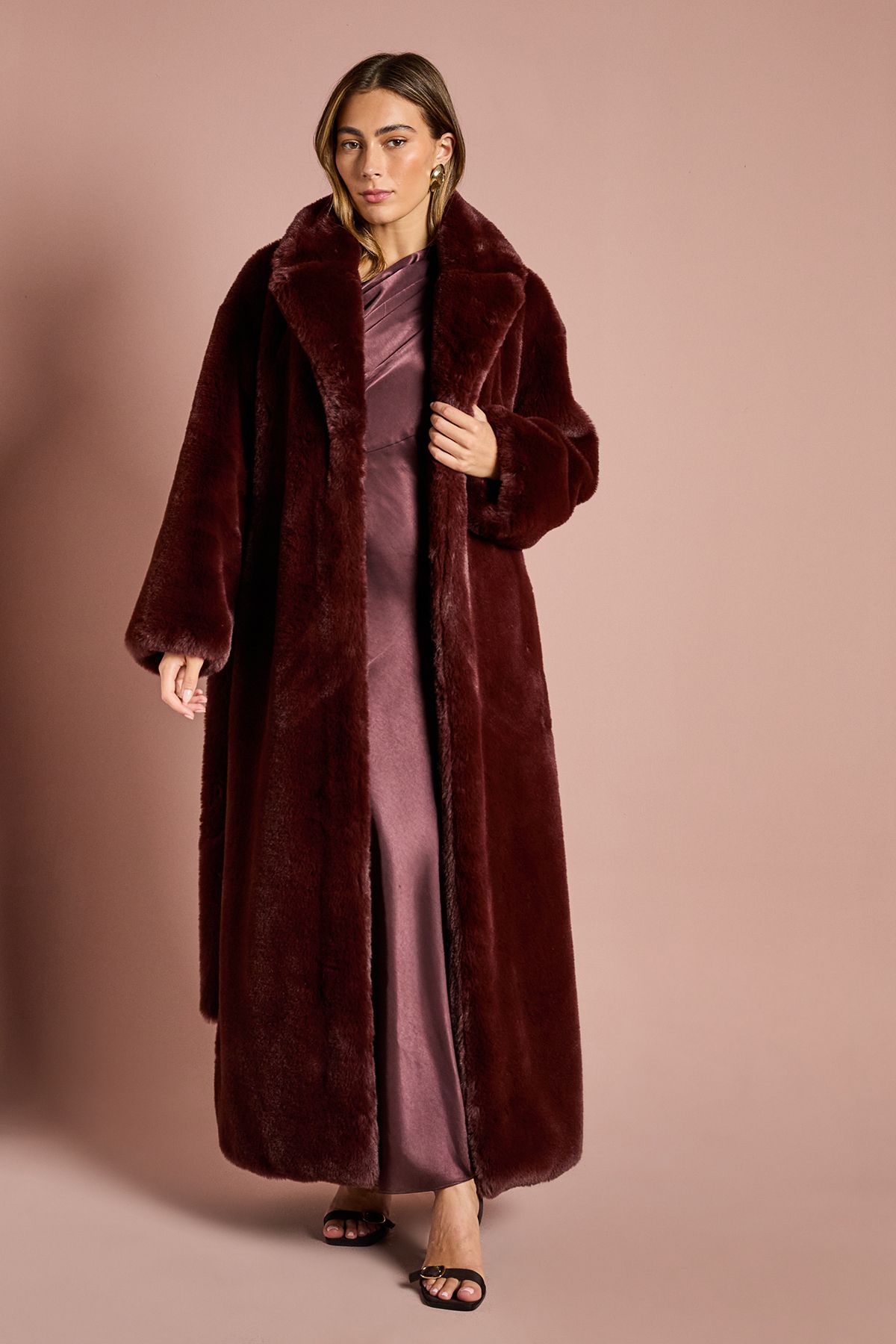 Coast Burgandy Occasion Belted Longline Faux Fur Coat Burgundy image 4