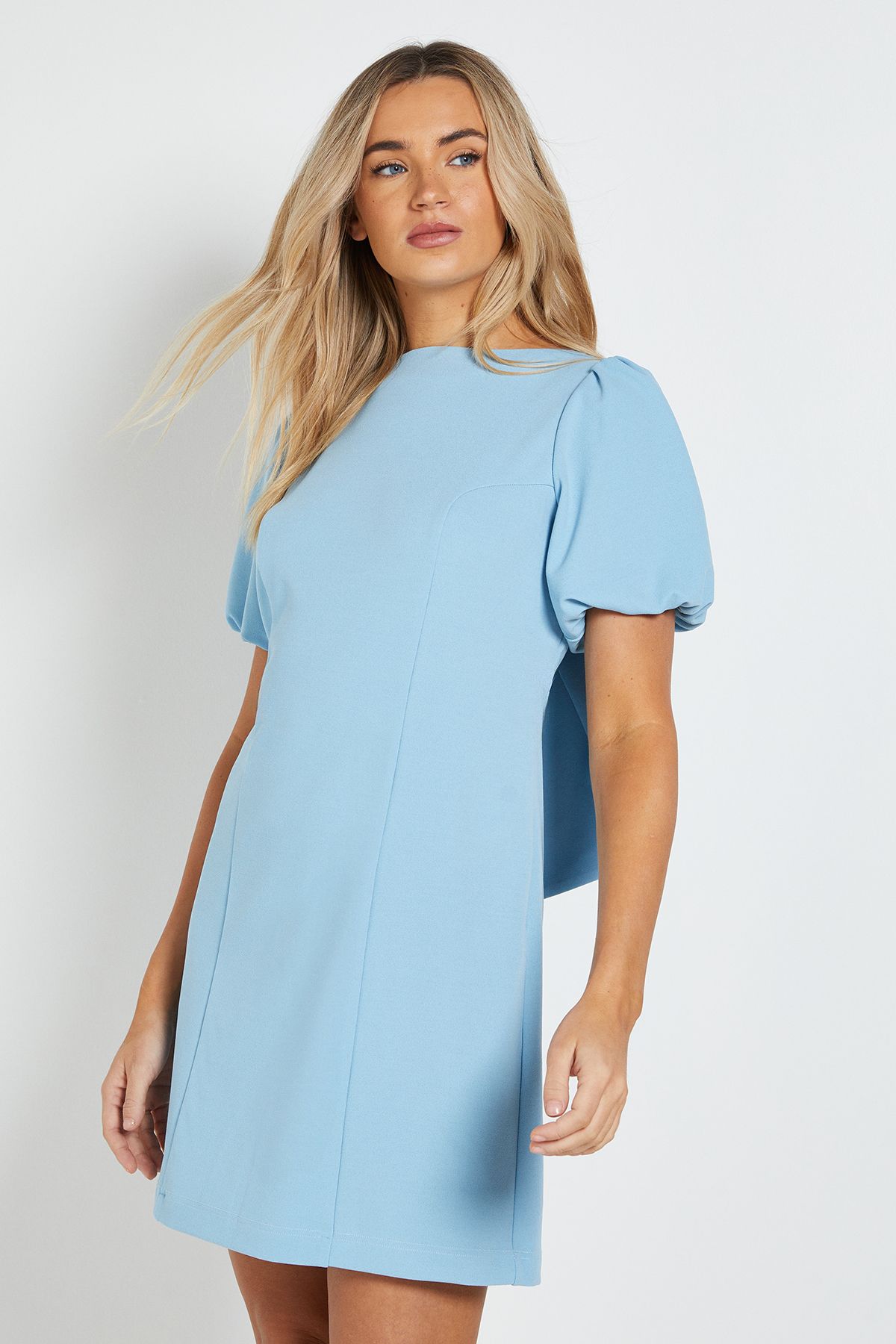 Dorothy Perkins Petite DP Luxe Puff Sleeve Bow Back Mini Dress Pale Blue