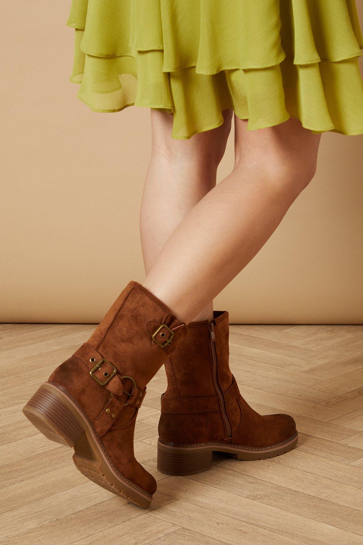 Oasis Lila Faux Suede Chunky Biker Calf Boots Dark Tan image 3
