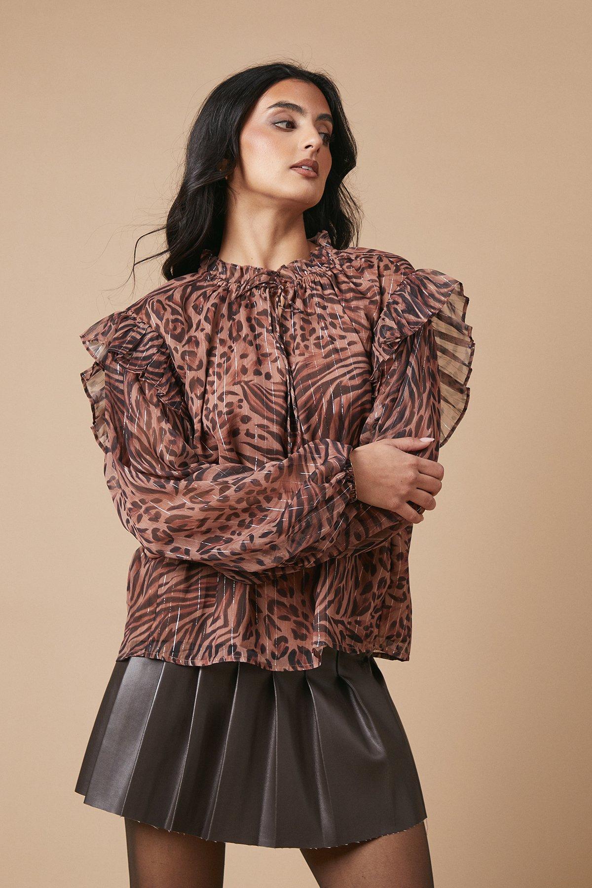 Oasis Animal Printed Metallic Chiffon Tie Neck Blouse