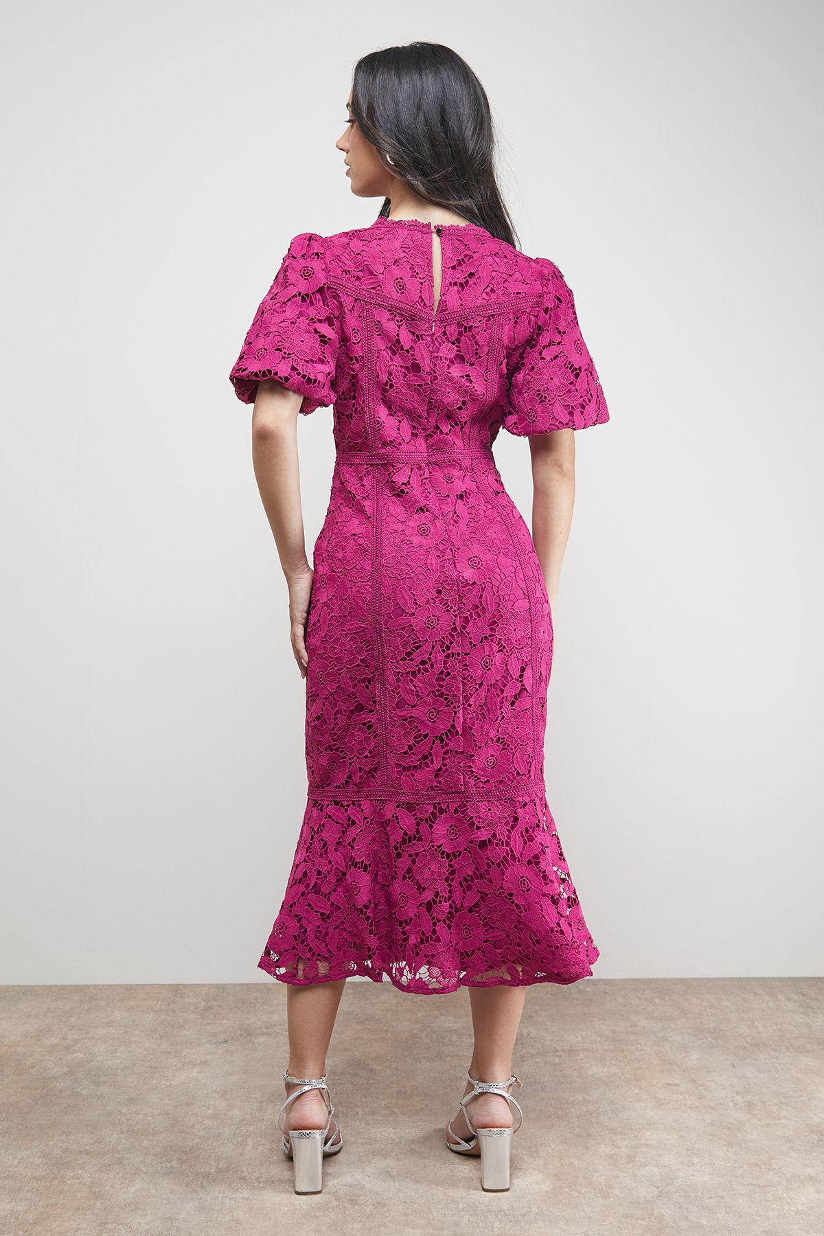 Oasis Lace Trim Detail Puff Sleeve Peplum Midi Dress Purple image 3