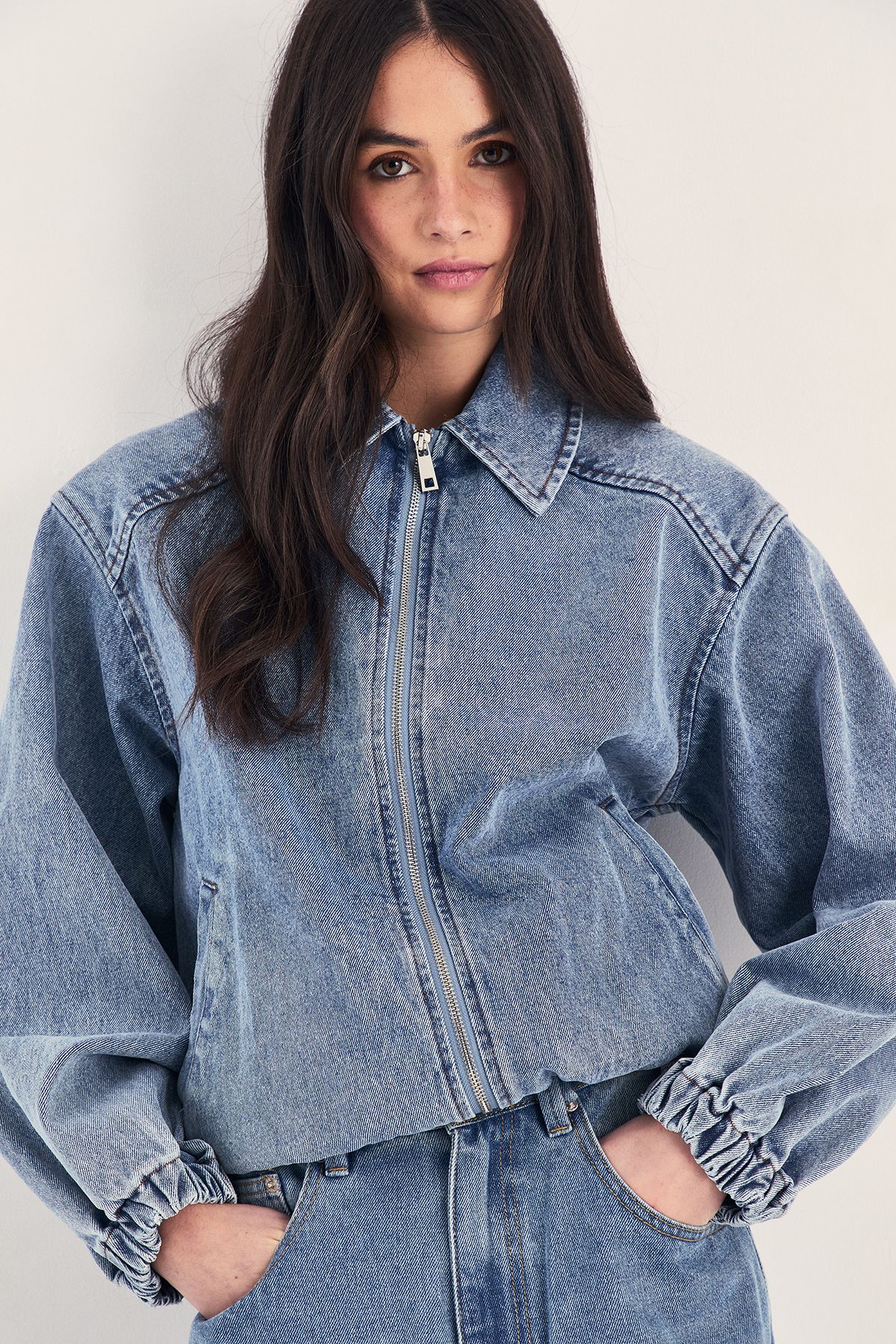 NastyGal Oversized Denim Bomber Jacket Authentic Midwash image 1