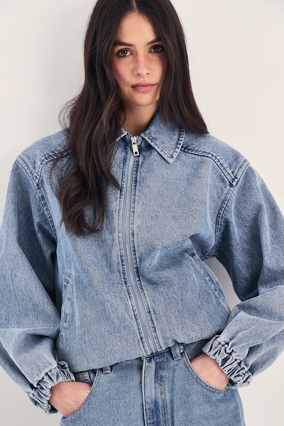 NastyGal Oversized Denim Bomber Jacket Authentic Midwash
