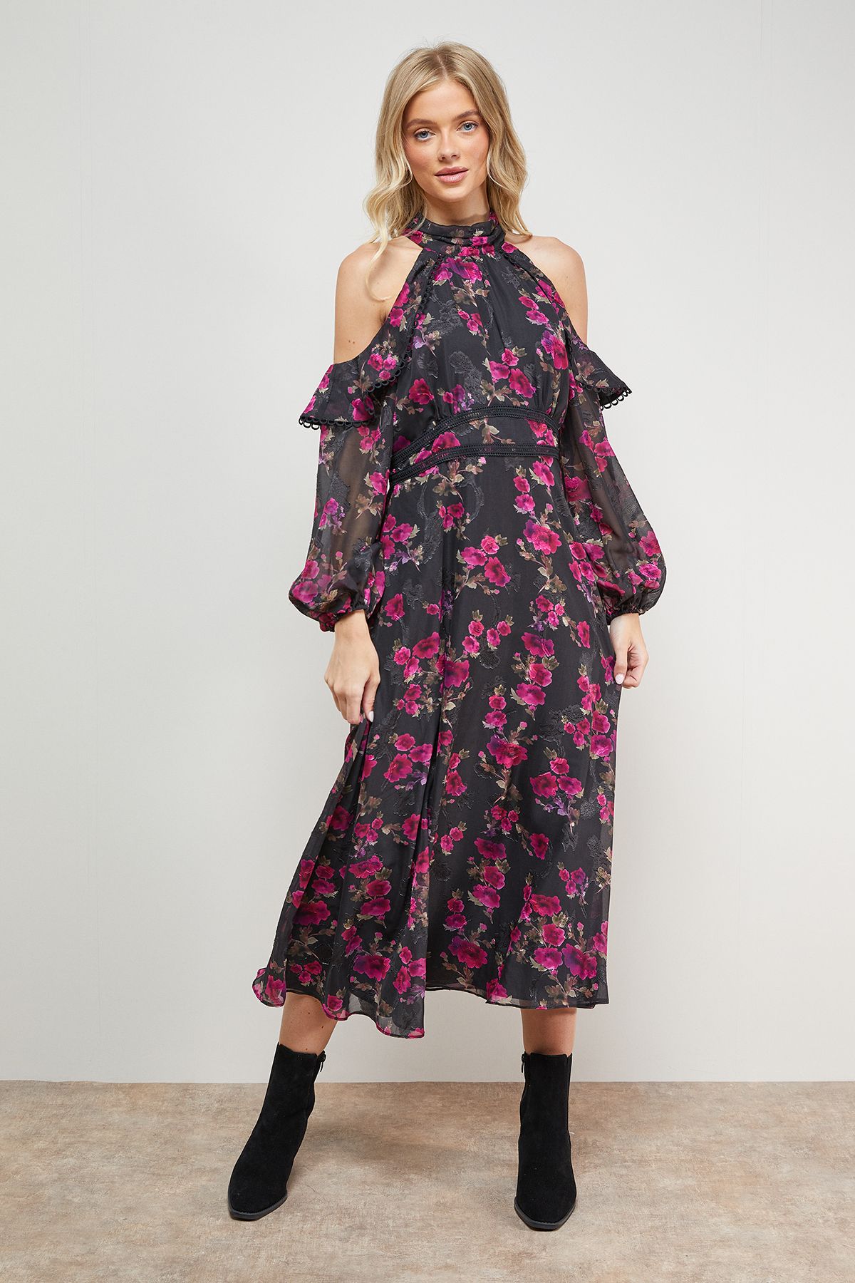 Oasis Cold Shoulder Ruffle Halterneck Midi Dress Multi