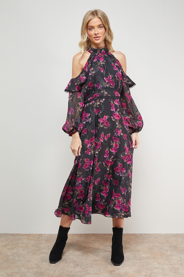 Oasis Cold Shoulder Ruffle Halterneck Midi Dress Multi