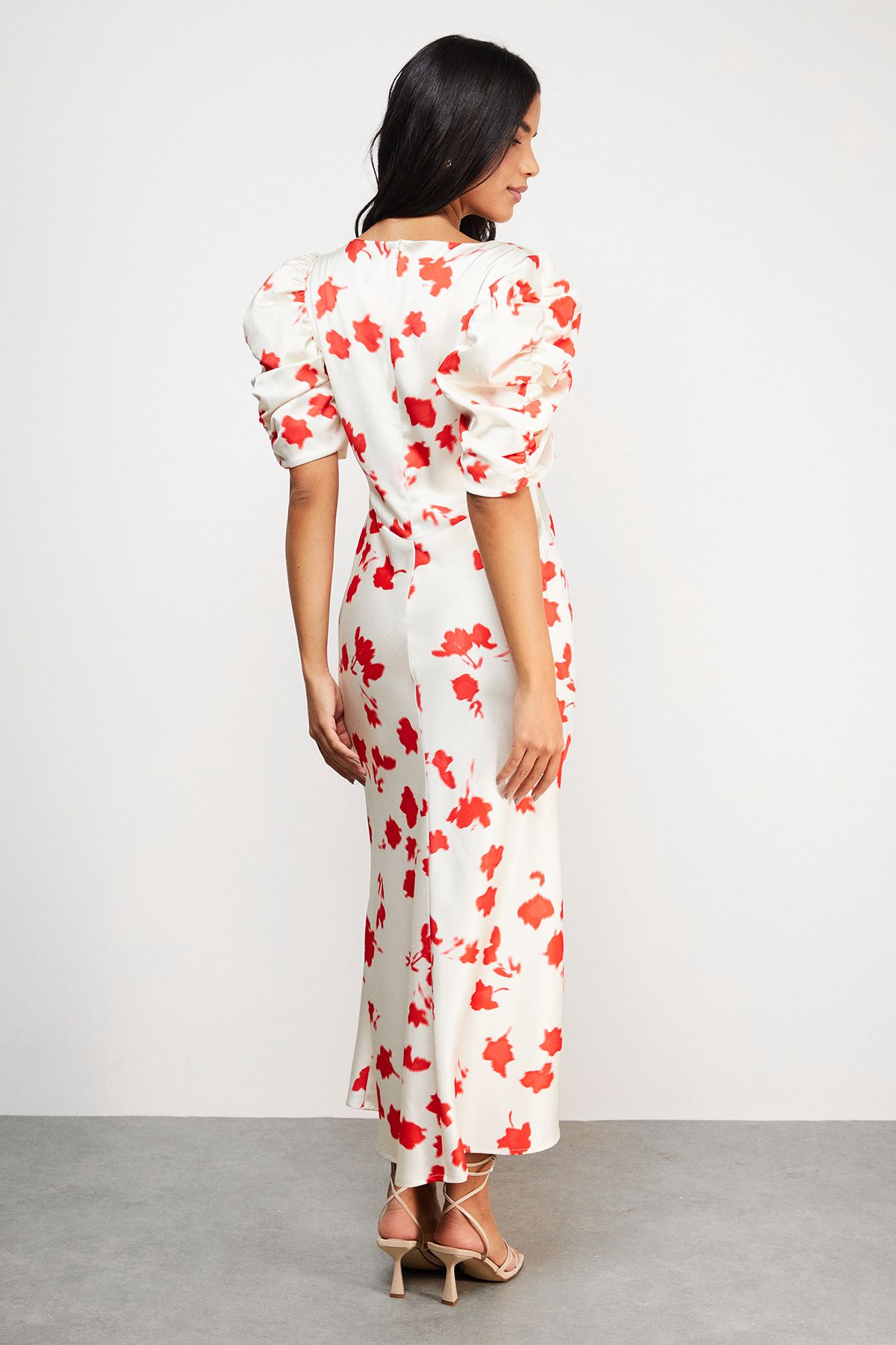 Warehouse Satin Pleat Volume Sleeve Plunge Bias Midi Dress Floral image 3
