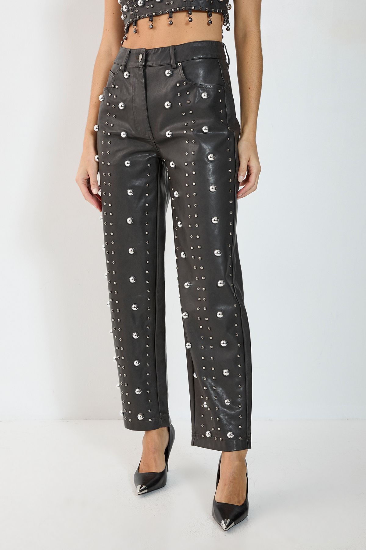 NastyGal Faux Leather Studded Straight Leg Pants Black image 2