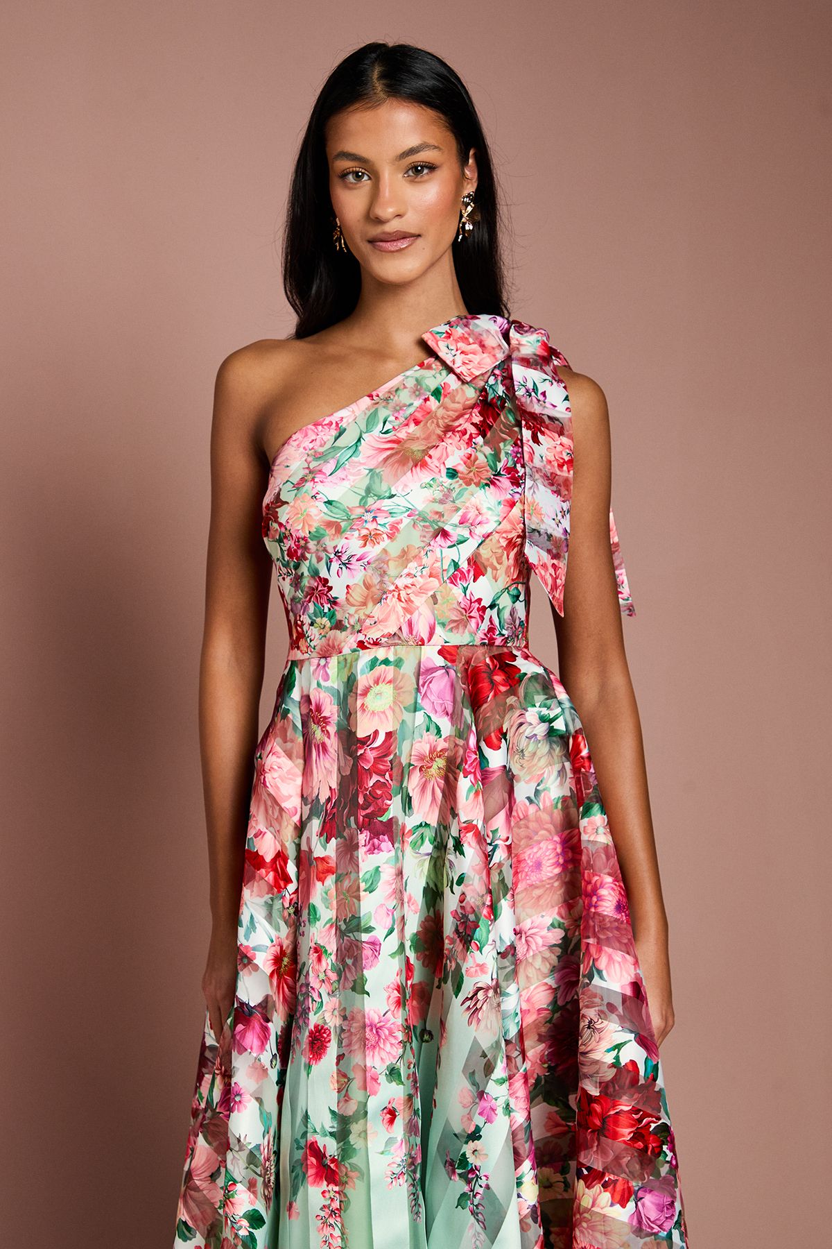 Coast Petite Printed Stripe Organza One Shoulder Midi Dress Sage image 2