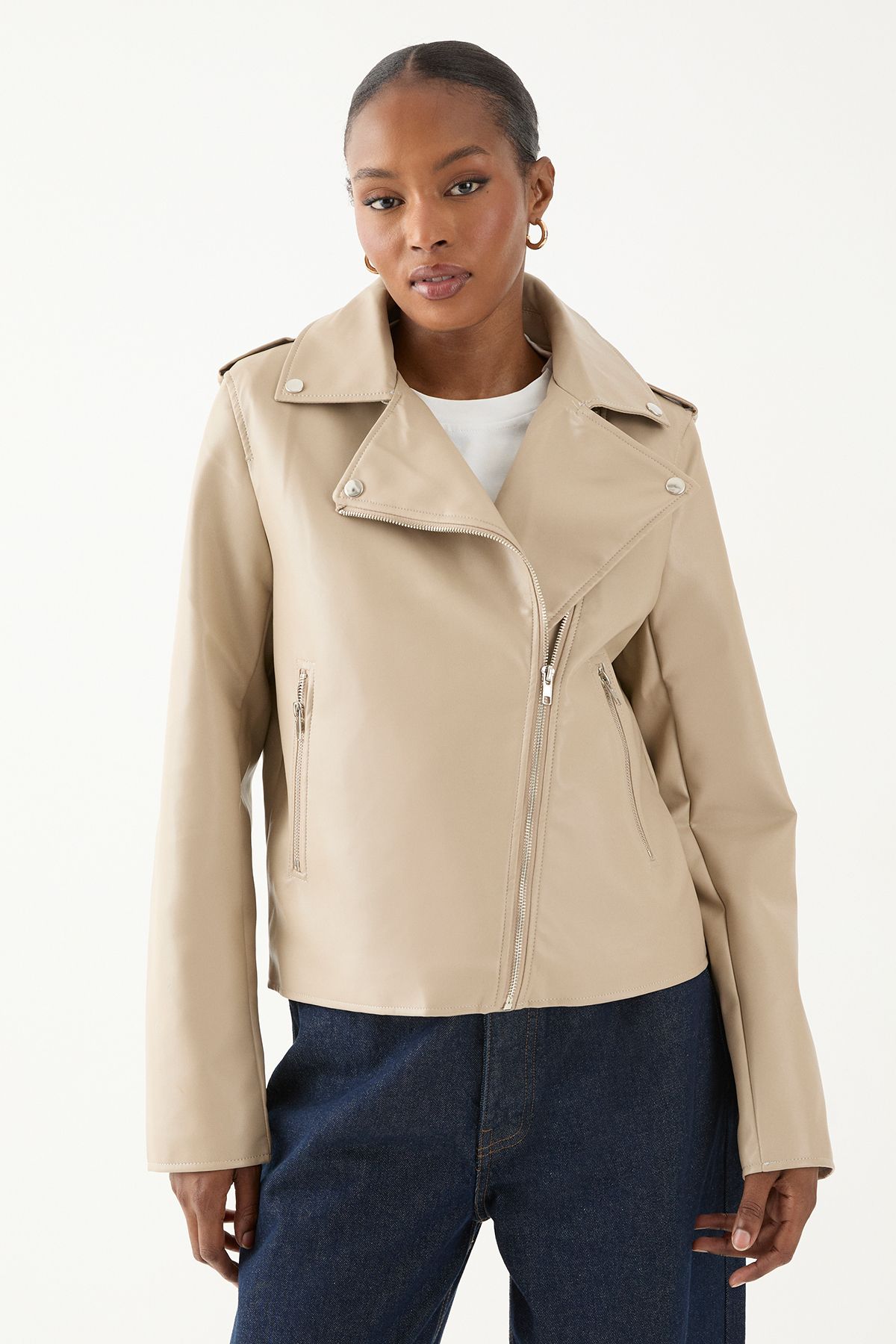 MissPap Leather Look Biker Jacket Stone image 2