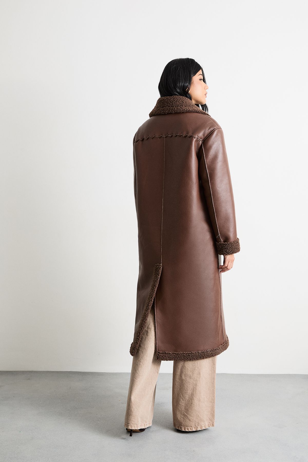 Warehouse Whipstitch Faux Leather Shearling Coat Chocolate image 3