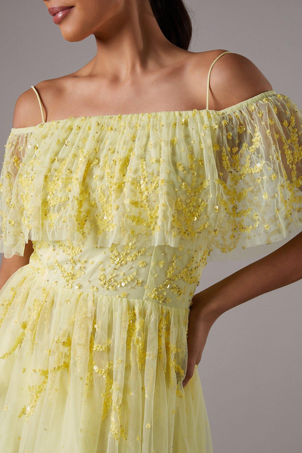 Coast Sequin Mesh Midi Dress With Flutter Sleeves Lemon image 5