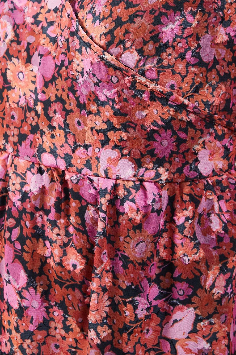 Warehouse Floral Burnout Chiffon Wrap Smock Midi Dress Pink image 5