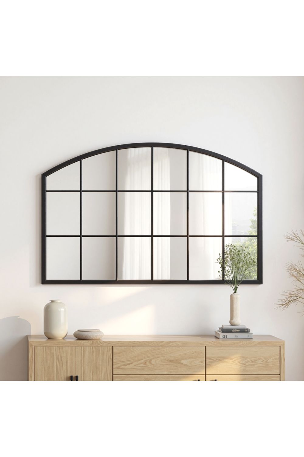 Living and Home Modern Black Metal Arched Grid Decor Window Mirror, 110cm W x 70cm H image 3