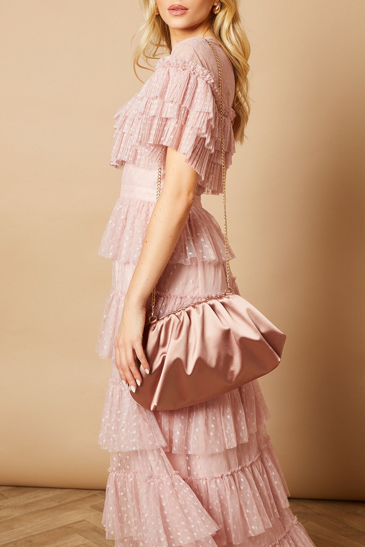 Oasis Liora Satin Ruched Large Clutch Bag Mocha image 1