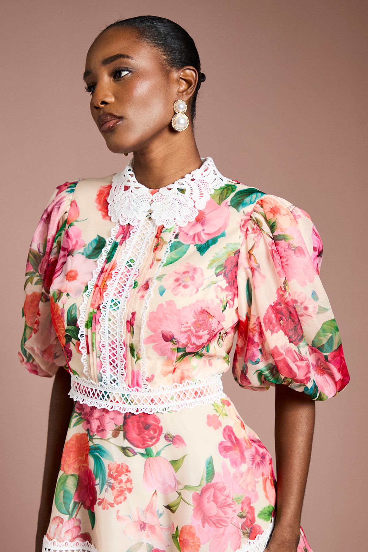 Coast Lace Trim Collared Printed Organza Mini Dress Ivory image 4