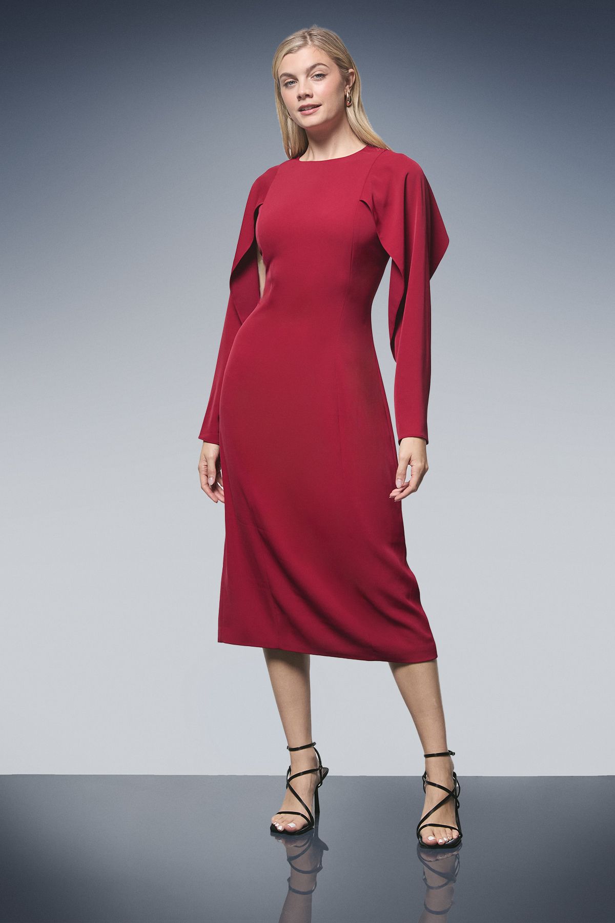 Principles Tailored Crepe Ruffle Sleeve Midi Dress Berry