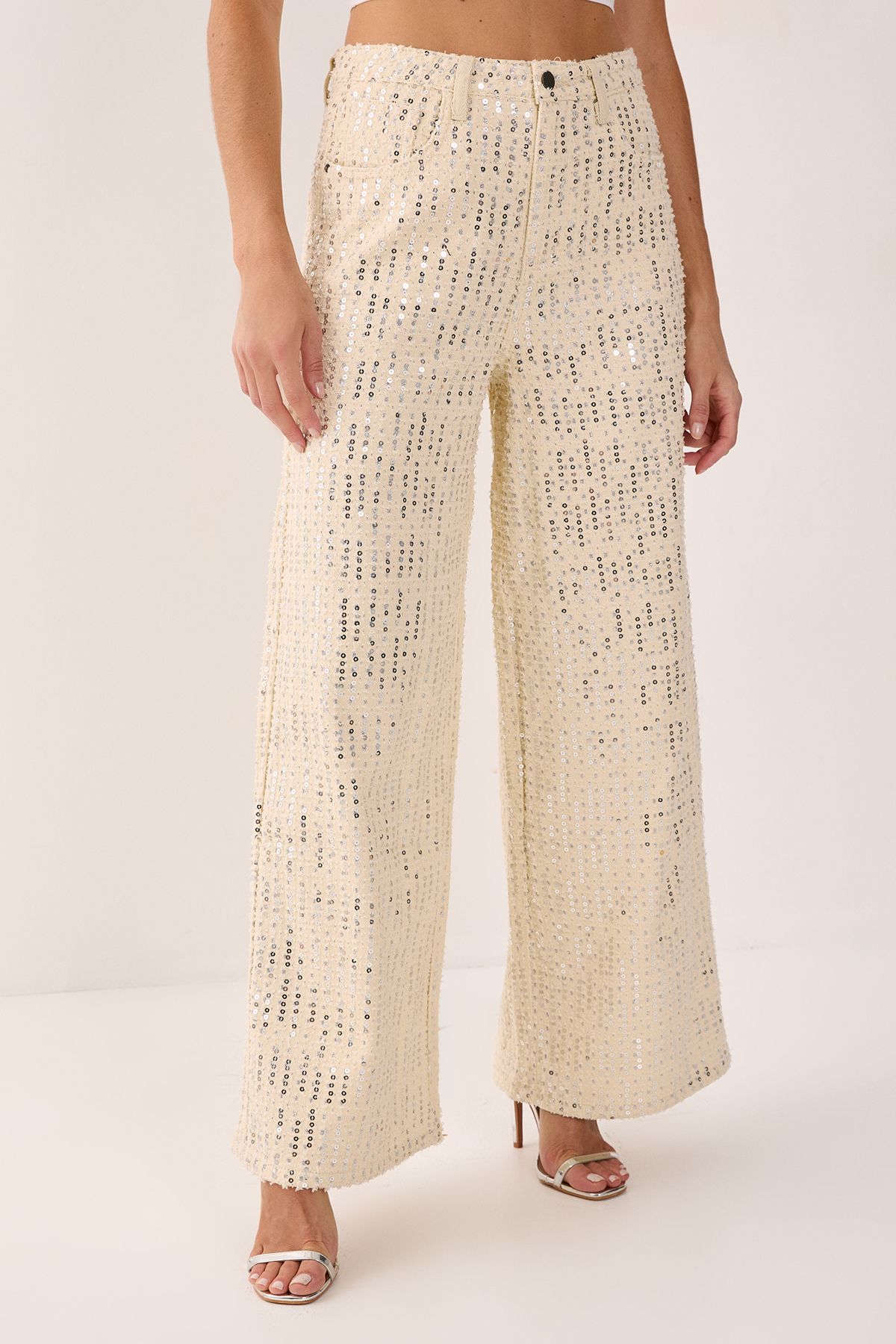 NastyGal Denim Sequin Wide Leg Jeans Ecru image 2
