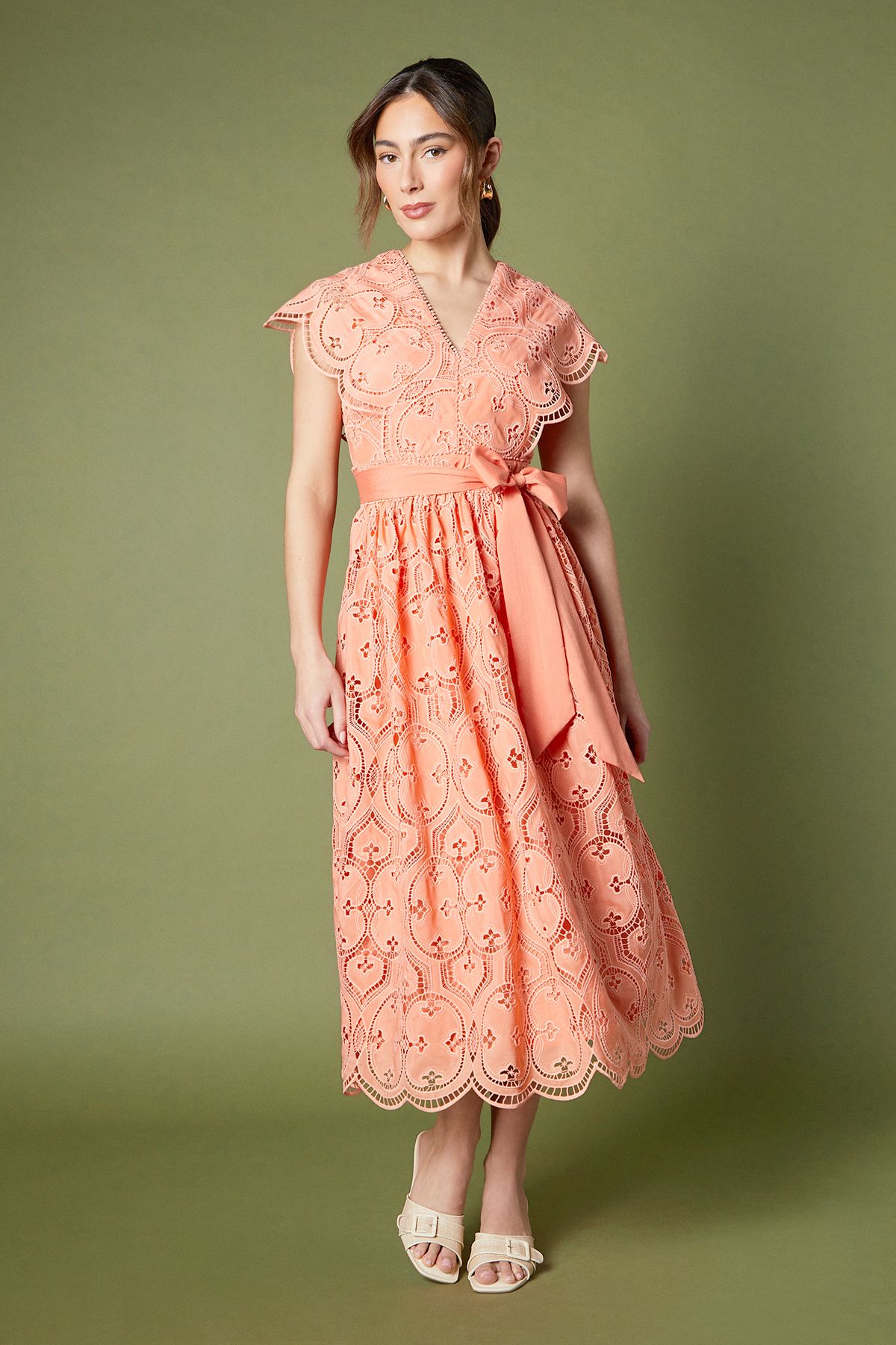 Coast Lace V Neck Belted Midi Holiday Dress Peach image 1