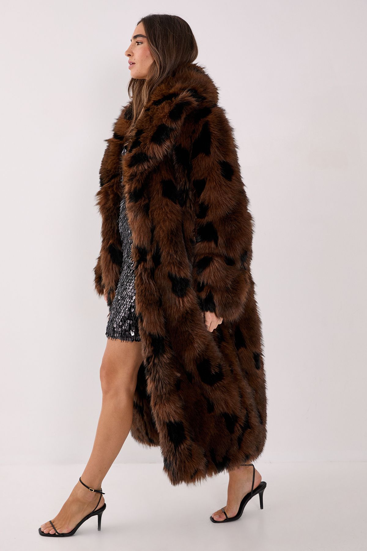 NastyGal Premium Textured Collared Faux Fur Longline Coat Brown image 3