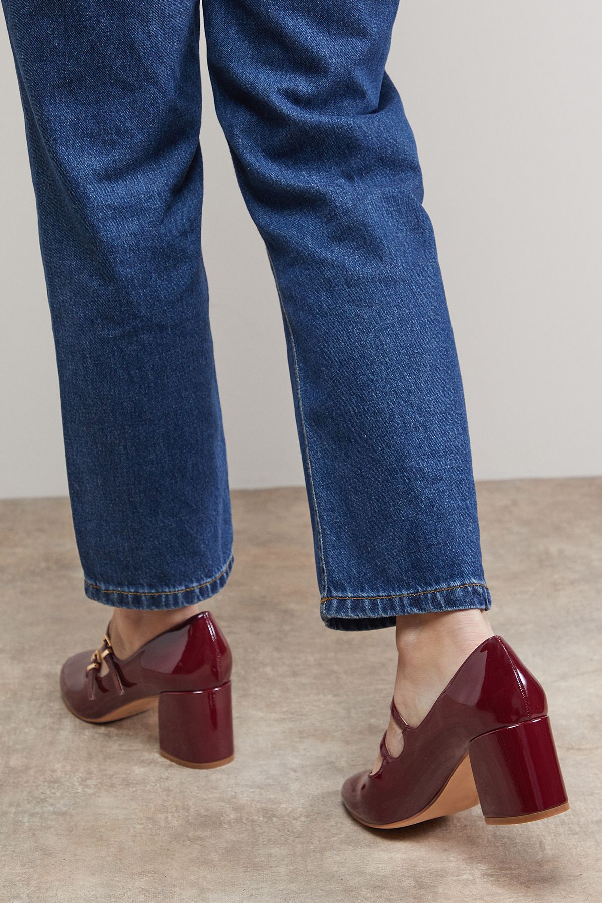 Oasis Visha Faux Patent Leather Double Mary Jane High Block Heel Court Shoes Oxblood image 3