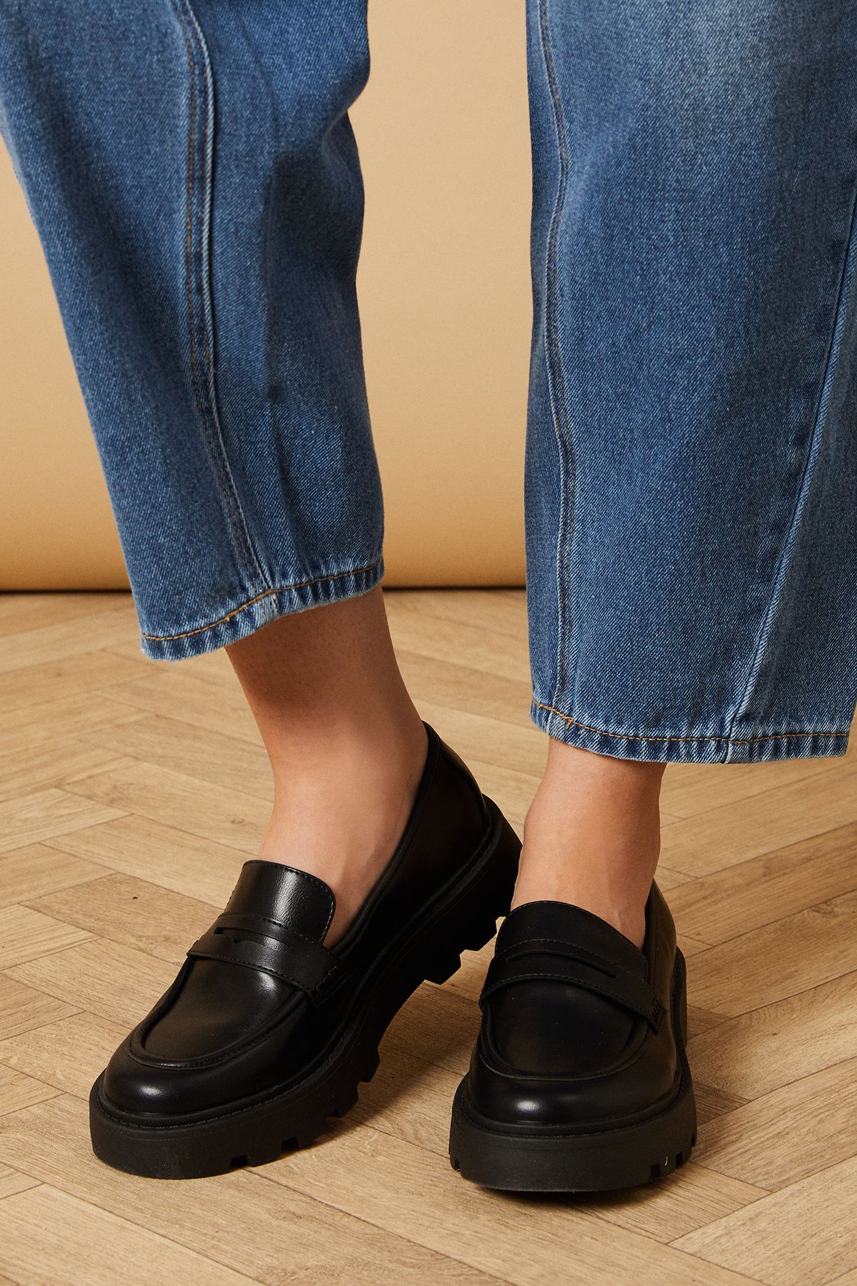 Oasis Brit Faux Patent Leather Chunky Penny Loafers Black image 1