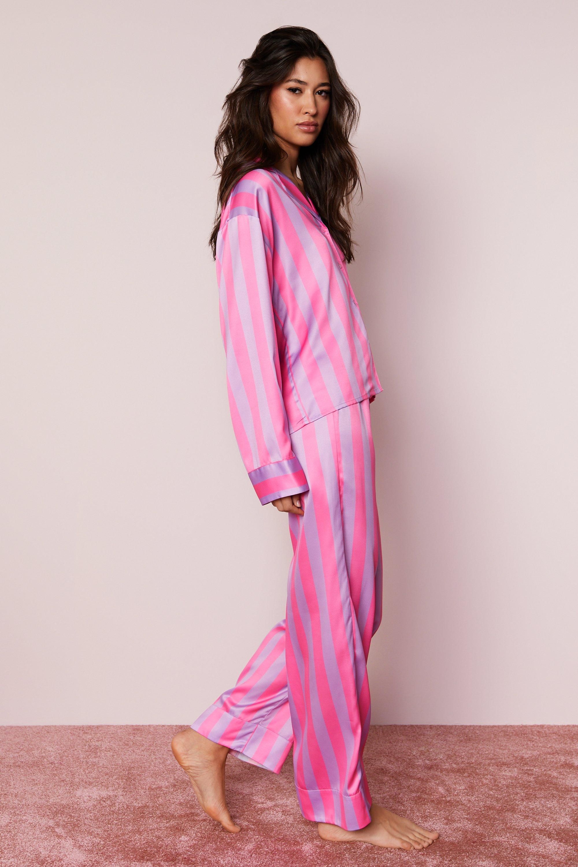 NastyGal Satin Oversized Stripe Pajama Pants Set Pink image 3