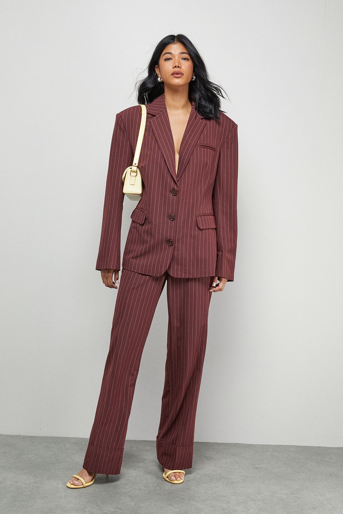 Warehouse Pinstripe Turn Up Wide Leg Trouser co ord Choc Brown image 2