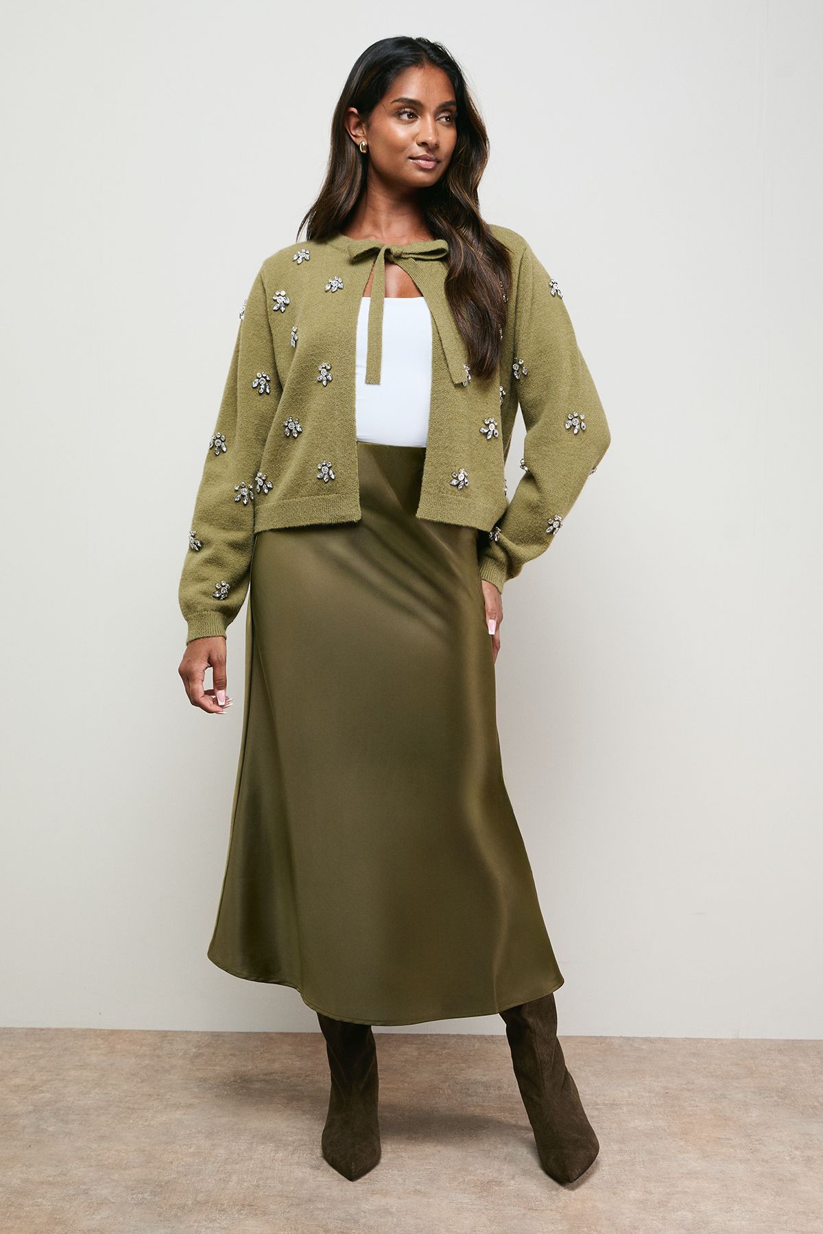 Oasis Embellished Tie Front Cardigan Khaki image 1