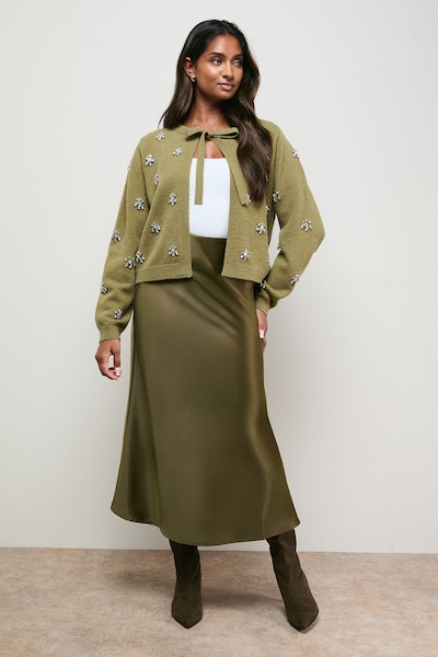 Oasis Embellished Tie Front Cardigan Khaki