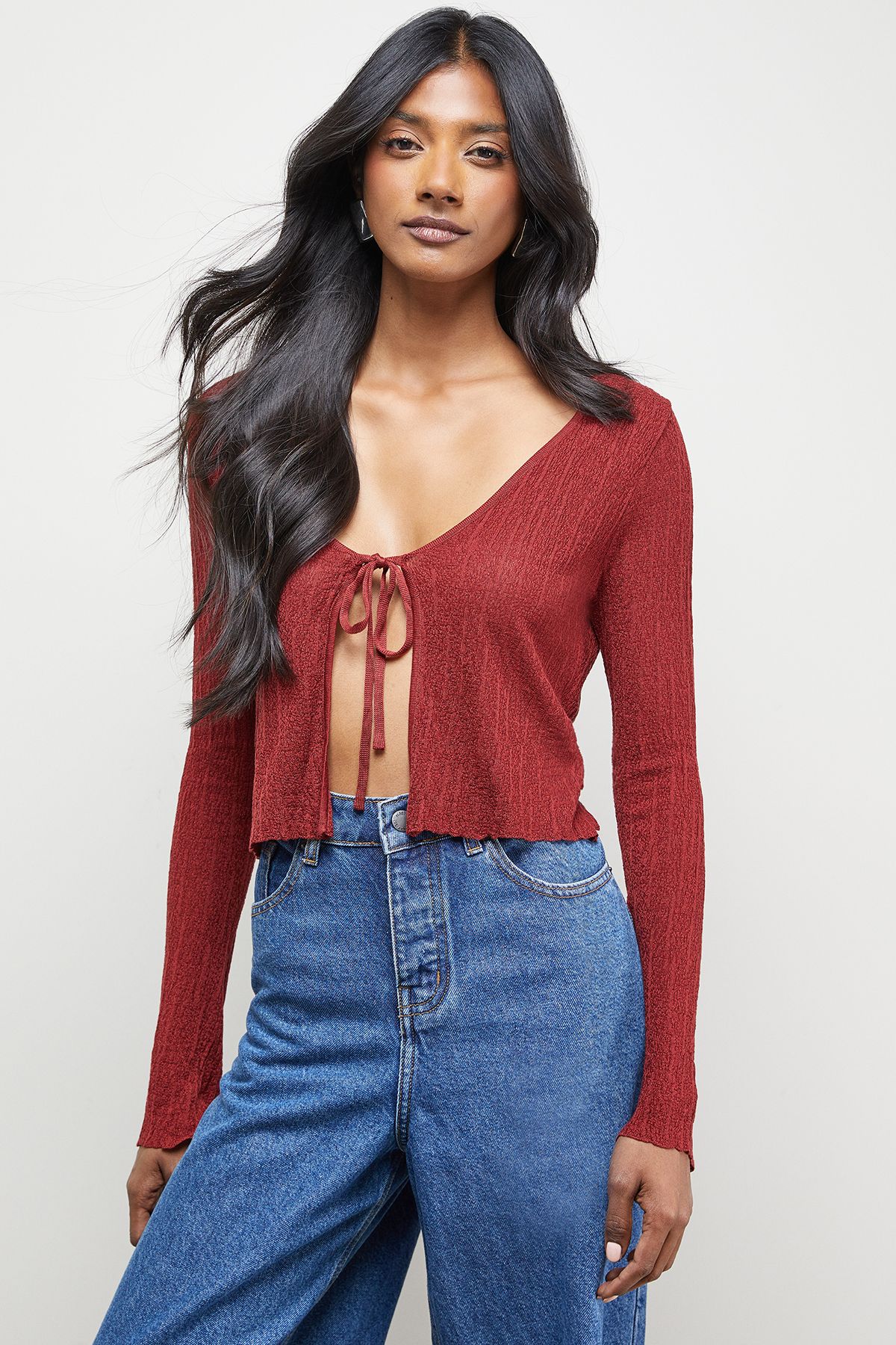 Warehouse Burgundy Crinkle Sheer Tie Detail Cardigan Burgundy image 4