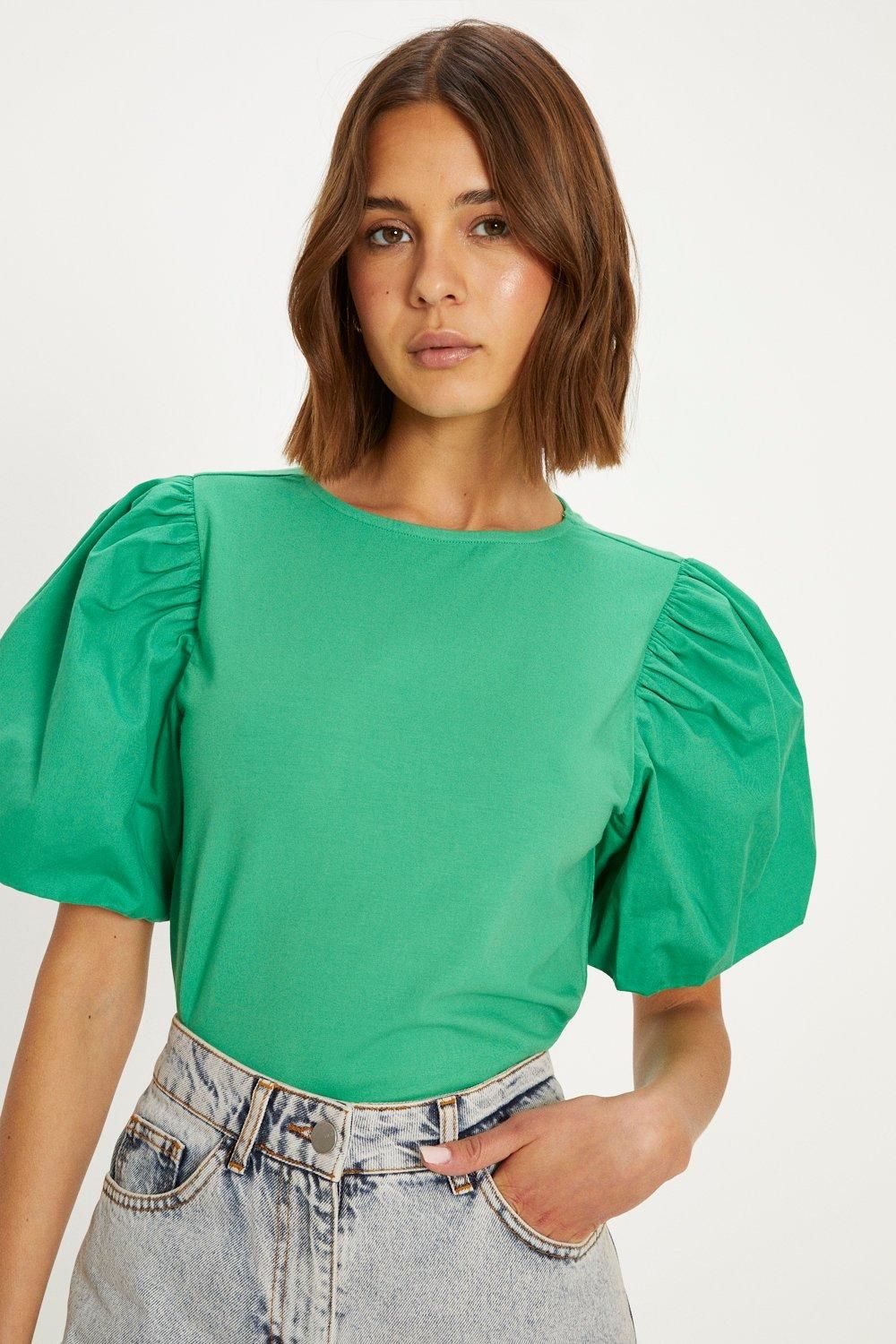 Oasis Woven Mix Puff Sleeve T-Shirt Green image 2