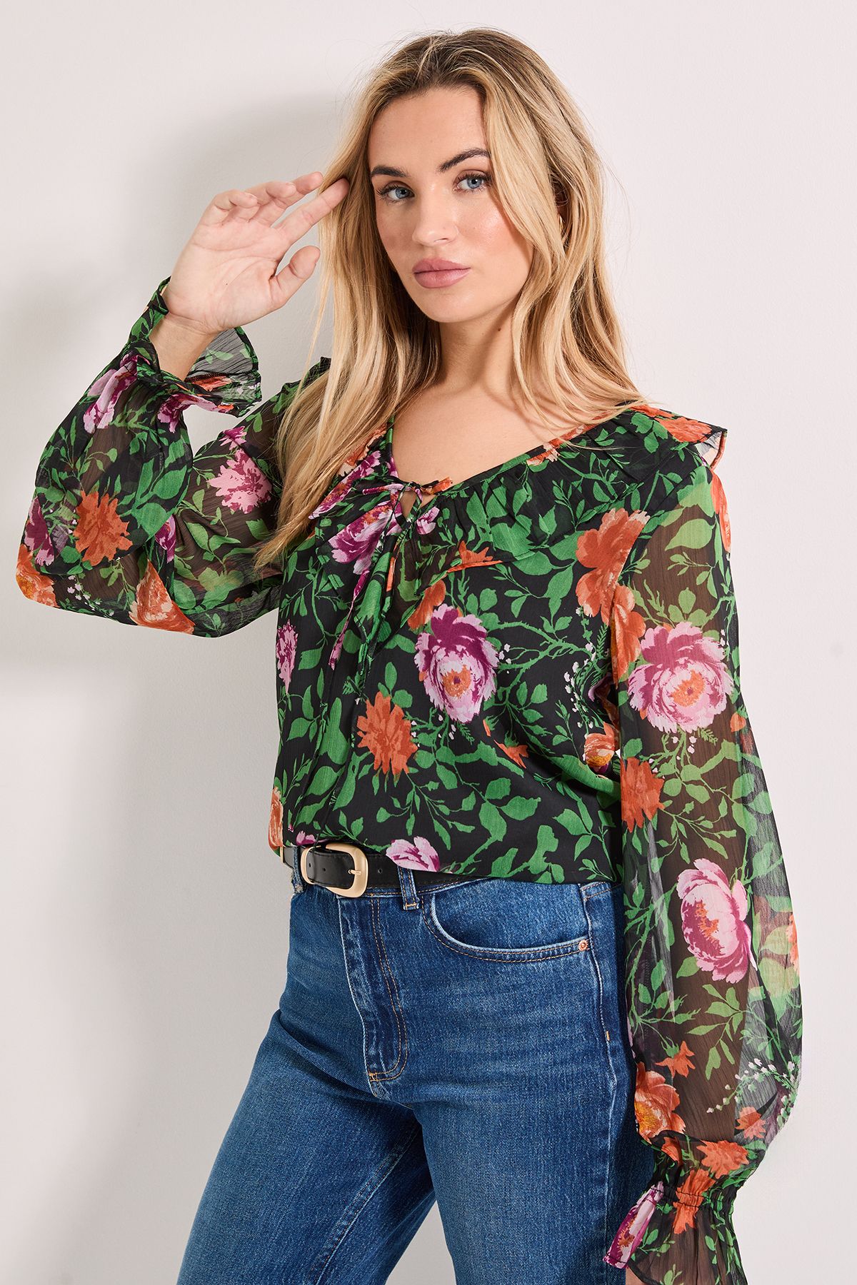 Dorothy Perkins Ruffle Tie Front Long Sleeve Printed Chiffon Blouse Floral image 4