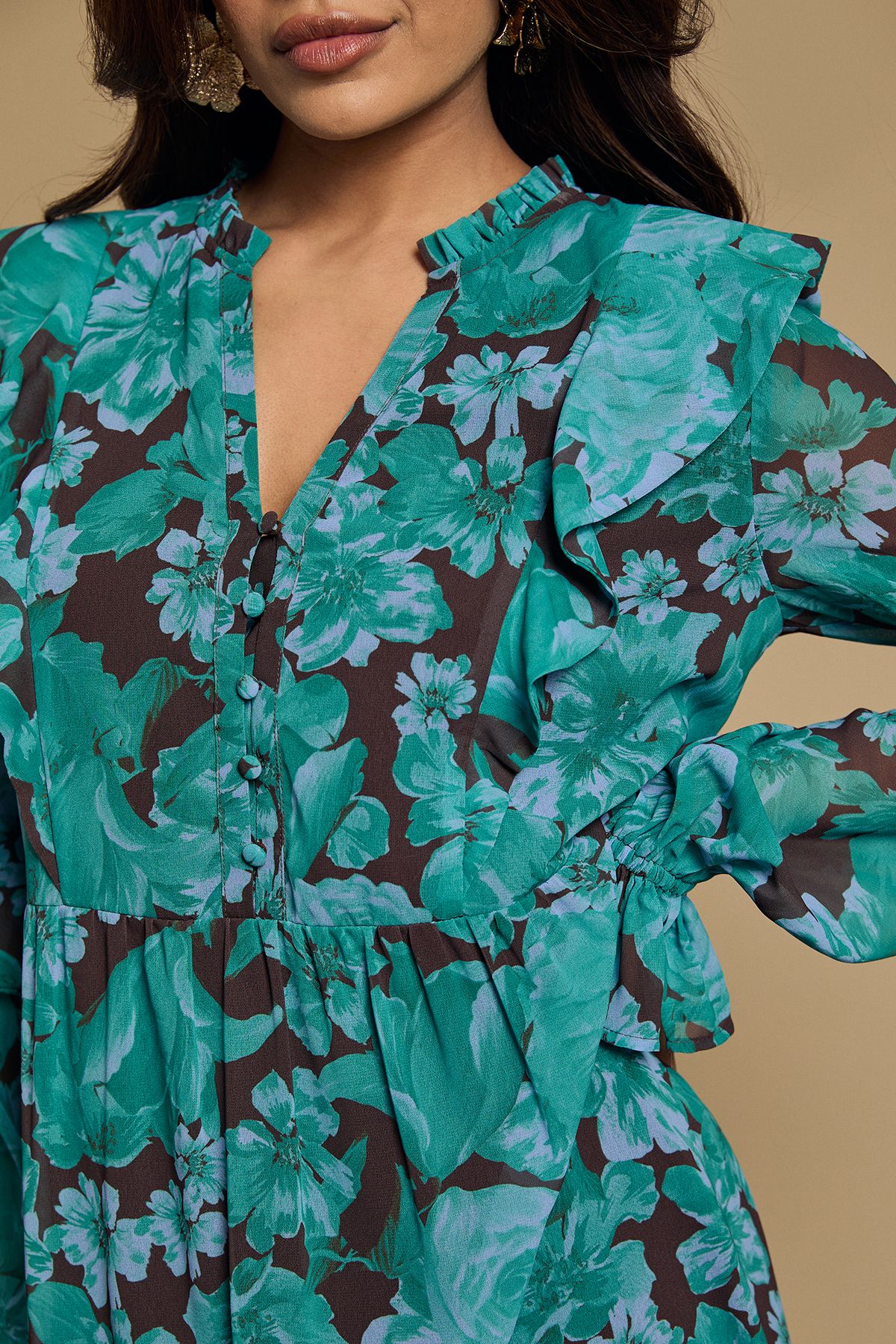 Oasis Petite Long Sleeve Ruffle Chiffon Tiered Maxi Dress Blue image 5