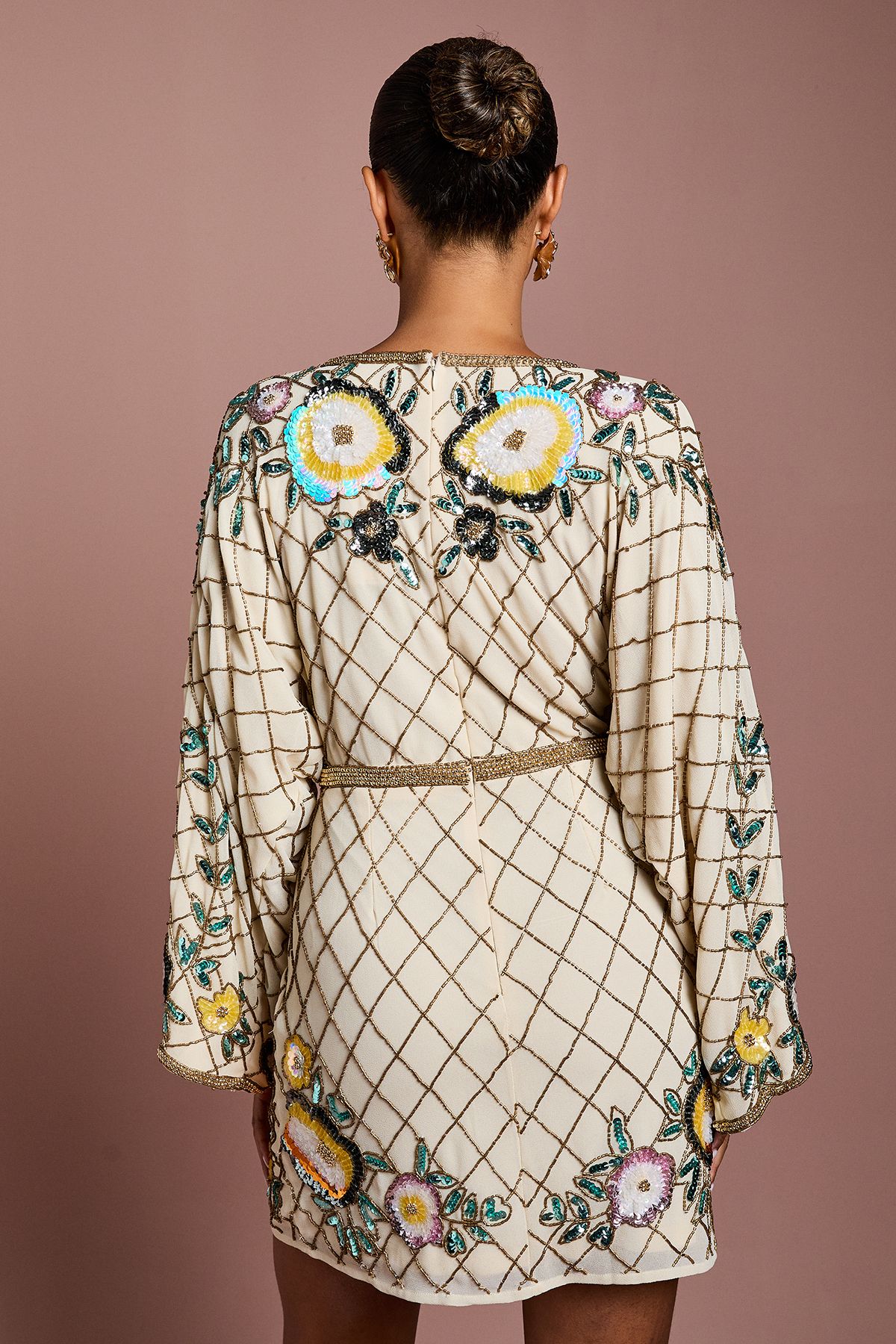 Coast Petite Wrap Top Floral Embellished Mini Dress Champagne image 3