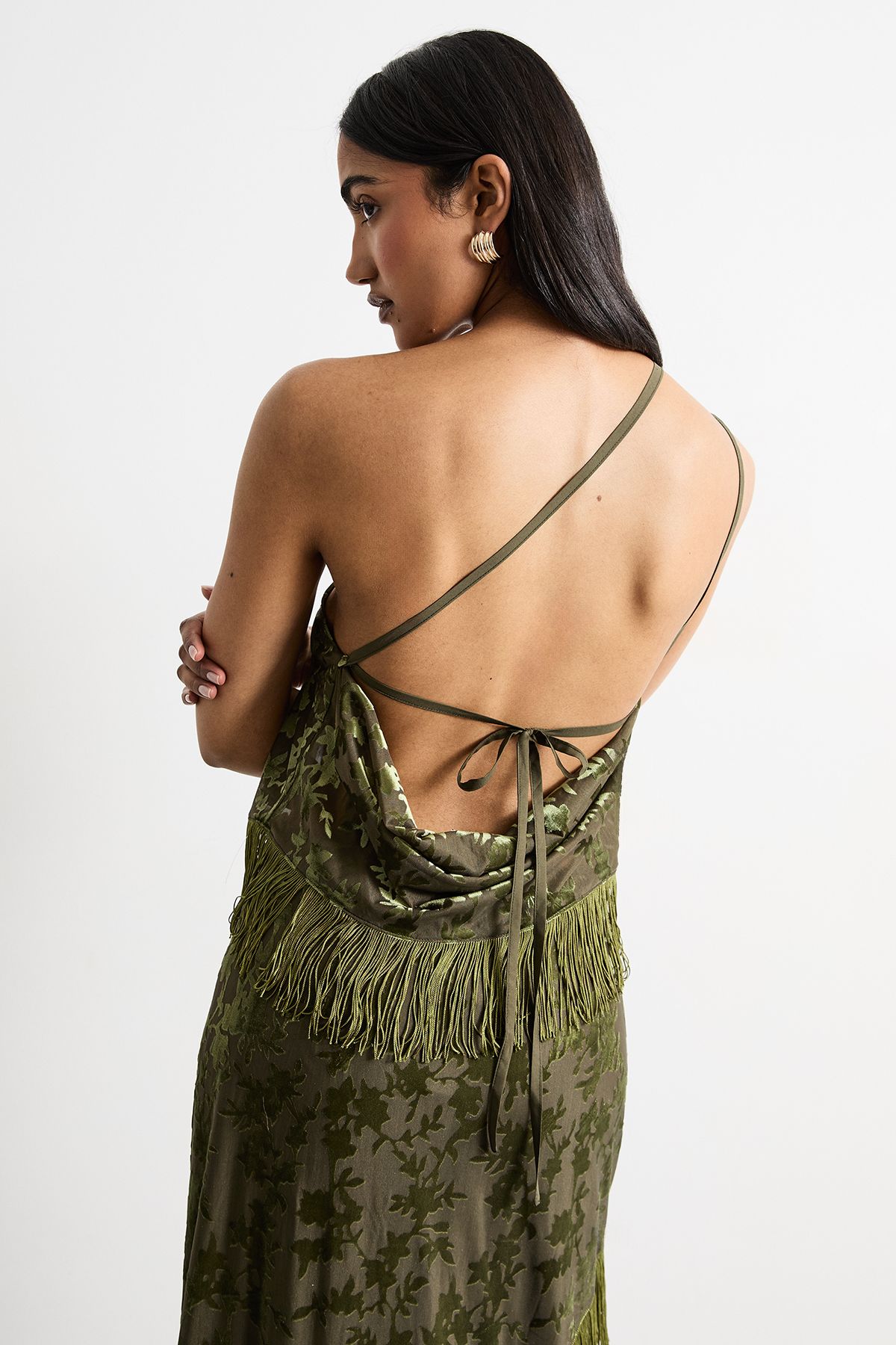 Warehouse Devore One Shoulder Fringe Cami Top Khaki image 3
