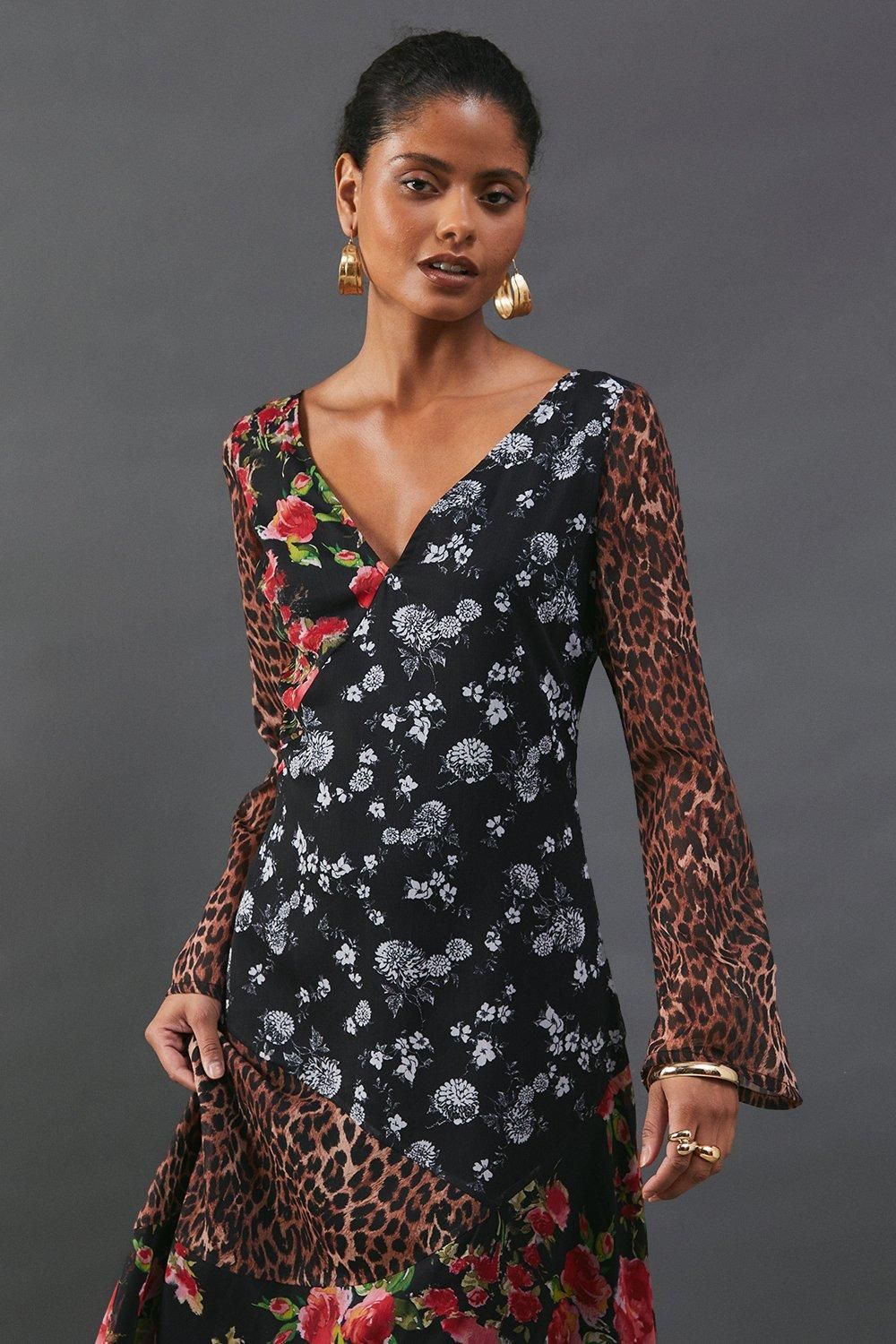 Warehouse Chiffon Panelling Tie Sleeve Midi Dress Multi image 4