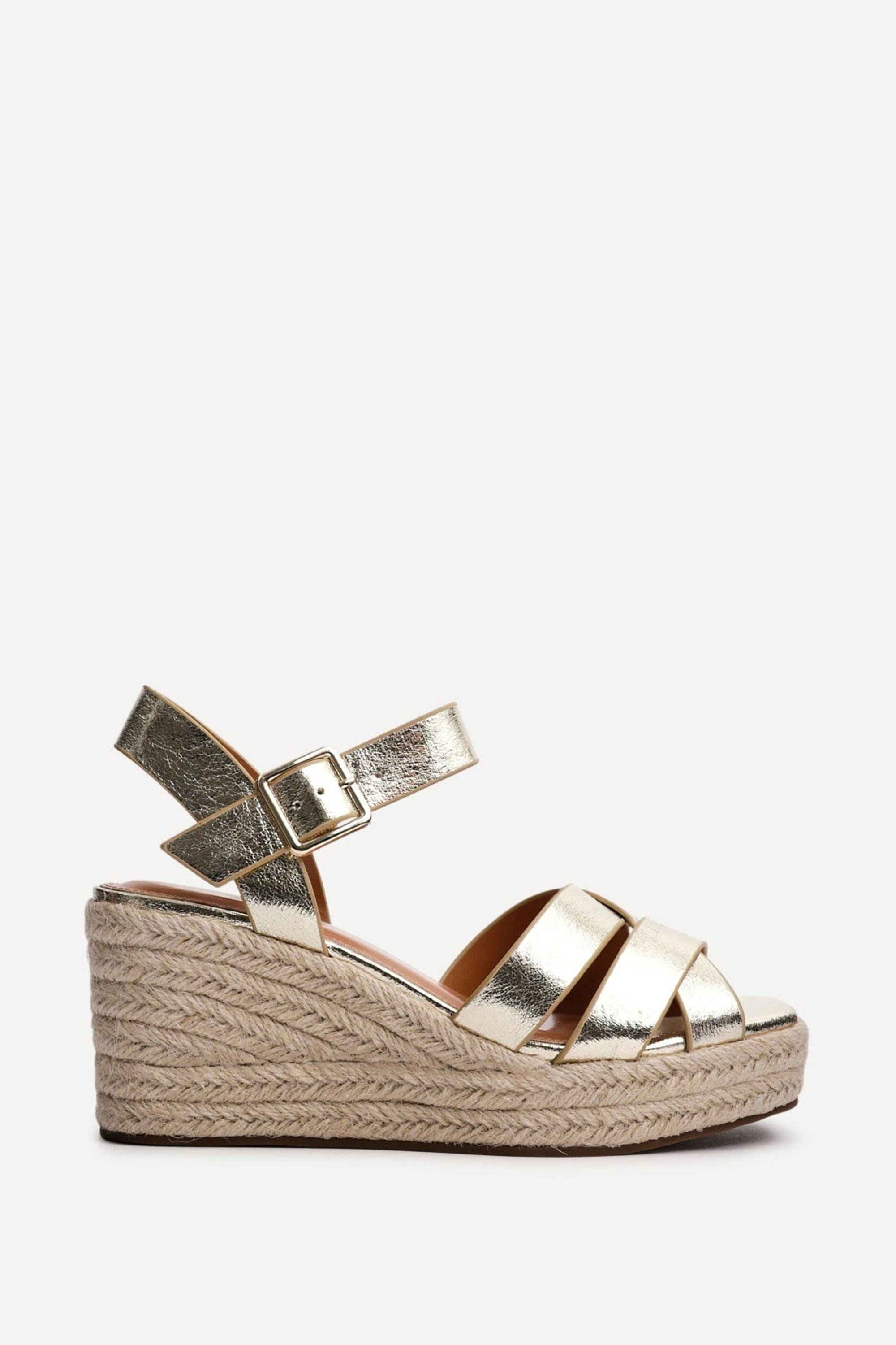 Linzi Sheena Gold Faux Leather Crossover Espadrille Platform Wedge image 1