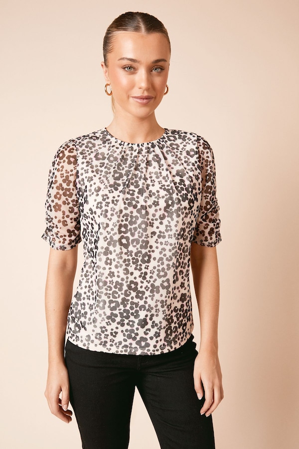 Dorothy Perkins Animal Gathered Neckline Puff Sleeve Jersey Mesh Top Animal