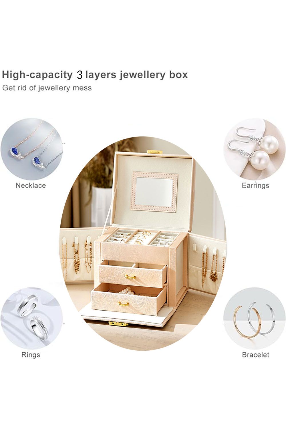 Living and Home Multi-Function Faux Leather Jewellery Storage Box with Drawers image 6