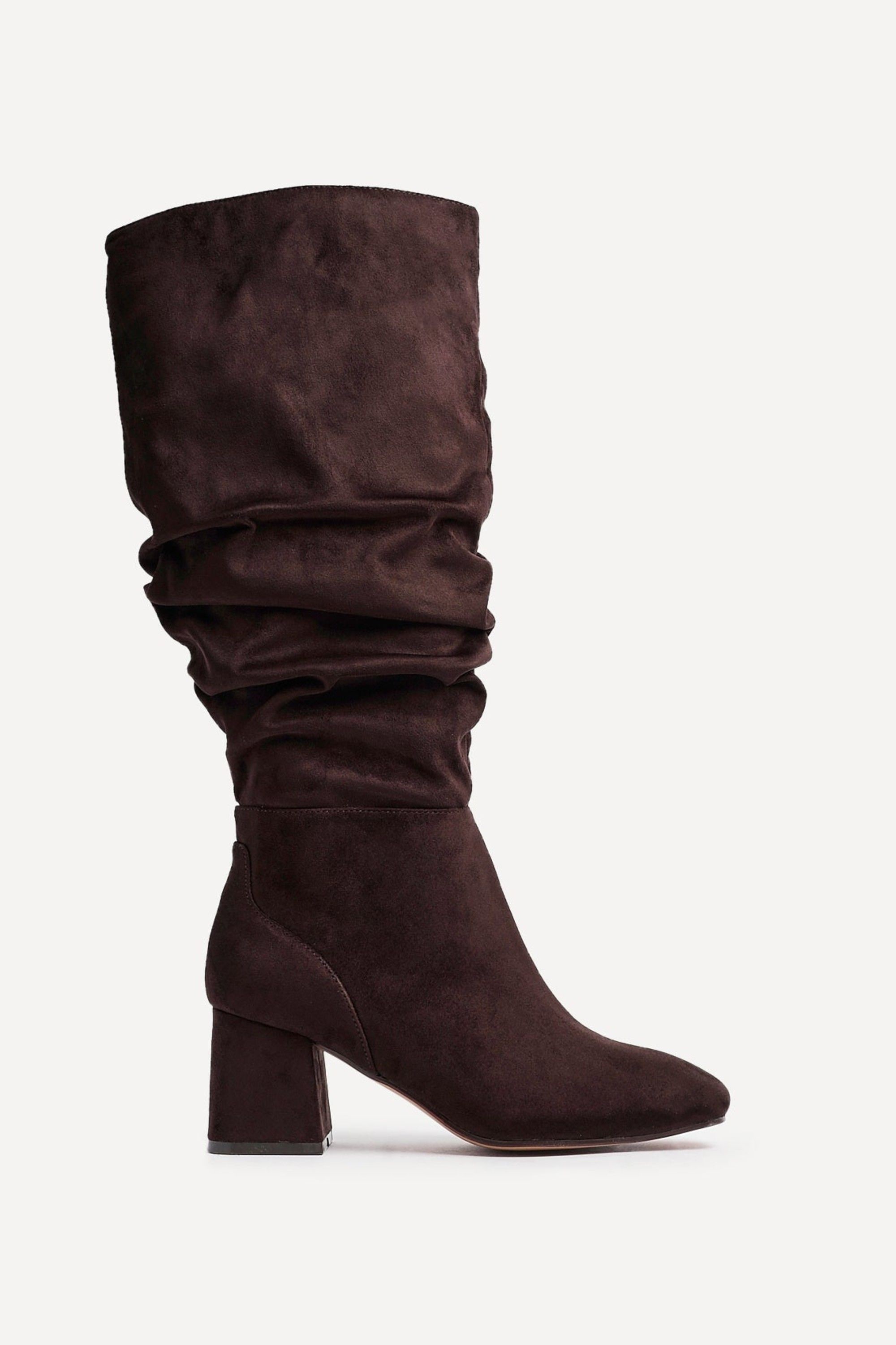 Linzi Inferno Wide Fit Brown Faux Suede Ruched Long Heeled Boot image 1