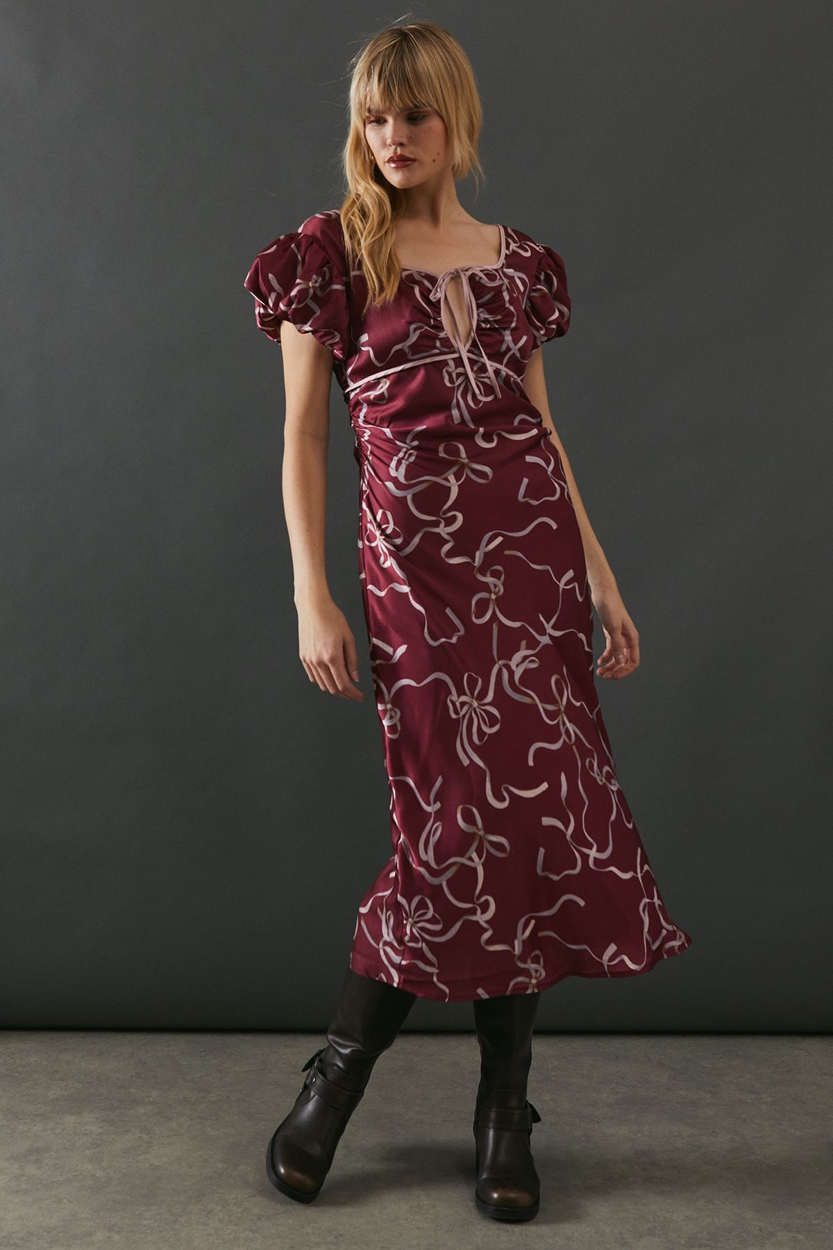 Warehouse Printed Tie Front Bias Midi Dress Berry image 2