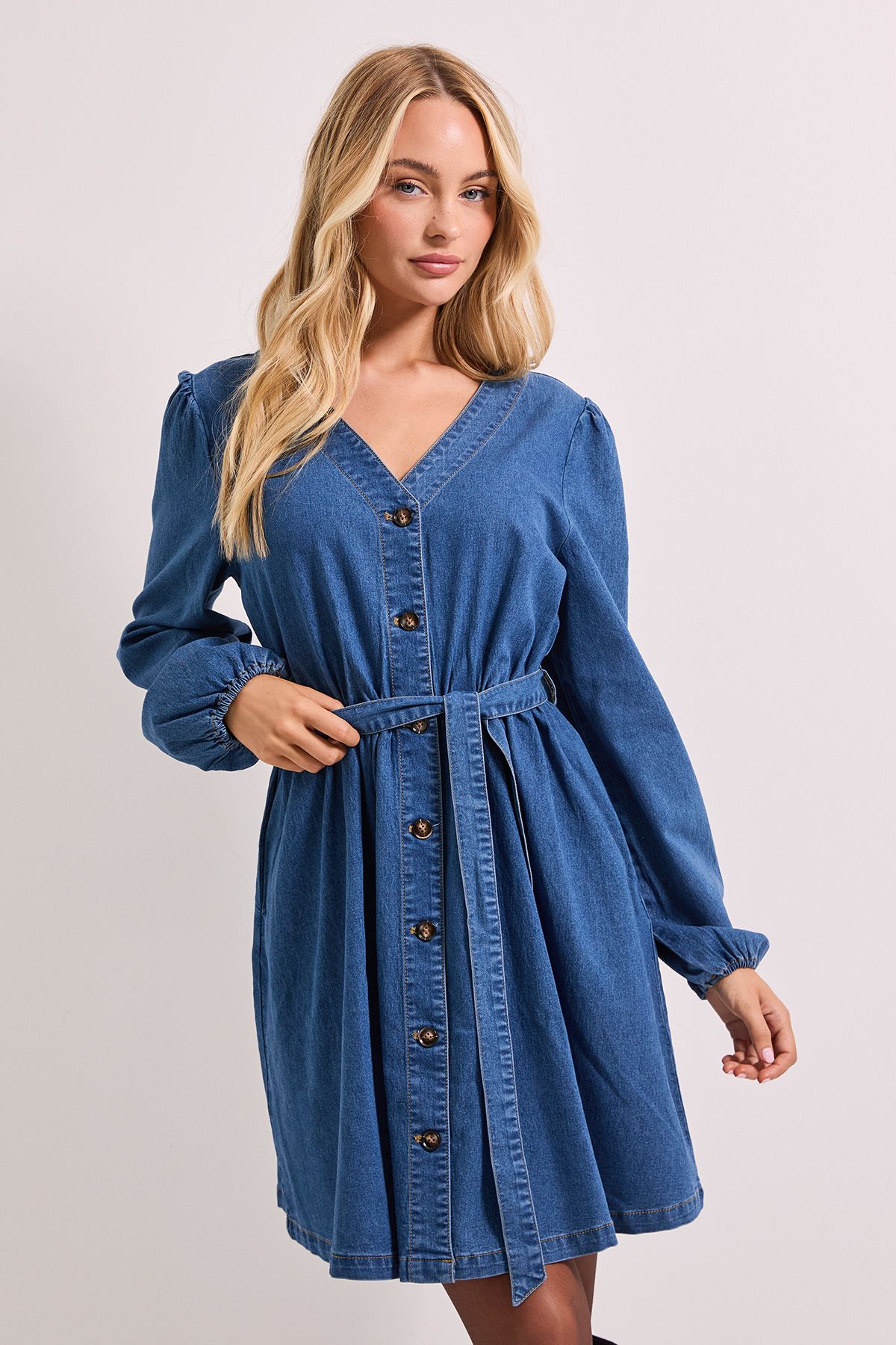 Dorothy Perkins Button Front Belted Denim Mini Dress Mid Wash