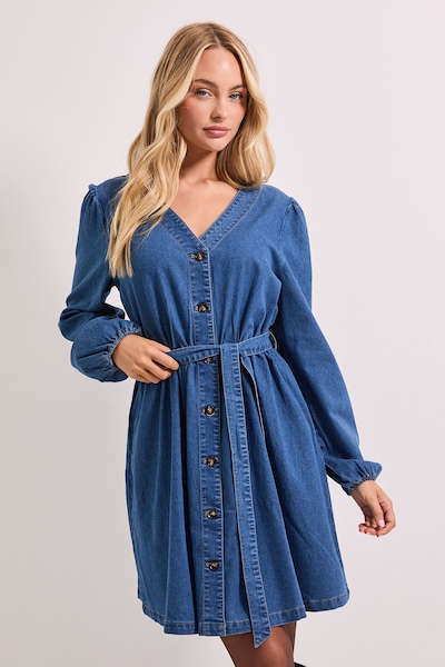 Dorothy Perkins Button Front Belted Denim Mini Dress Mid Wash