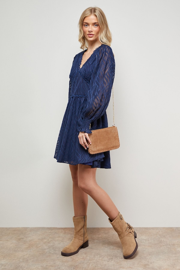 Oasis Animal Jacquard Trim Detail Balloon Sleeve Mini Dress Navy