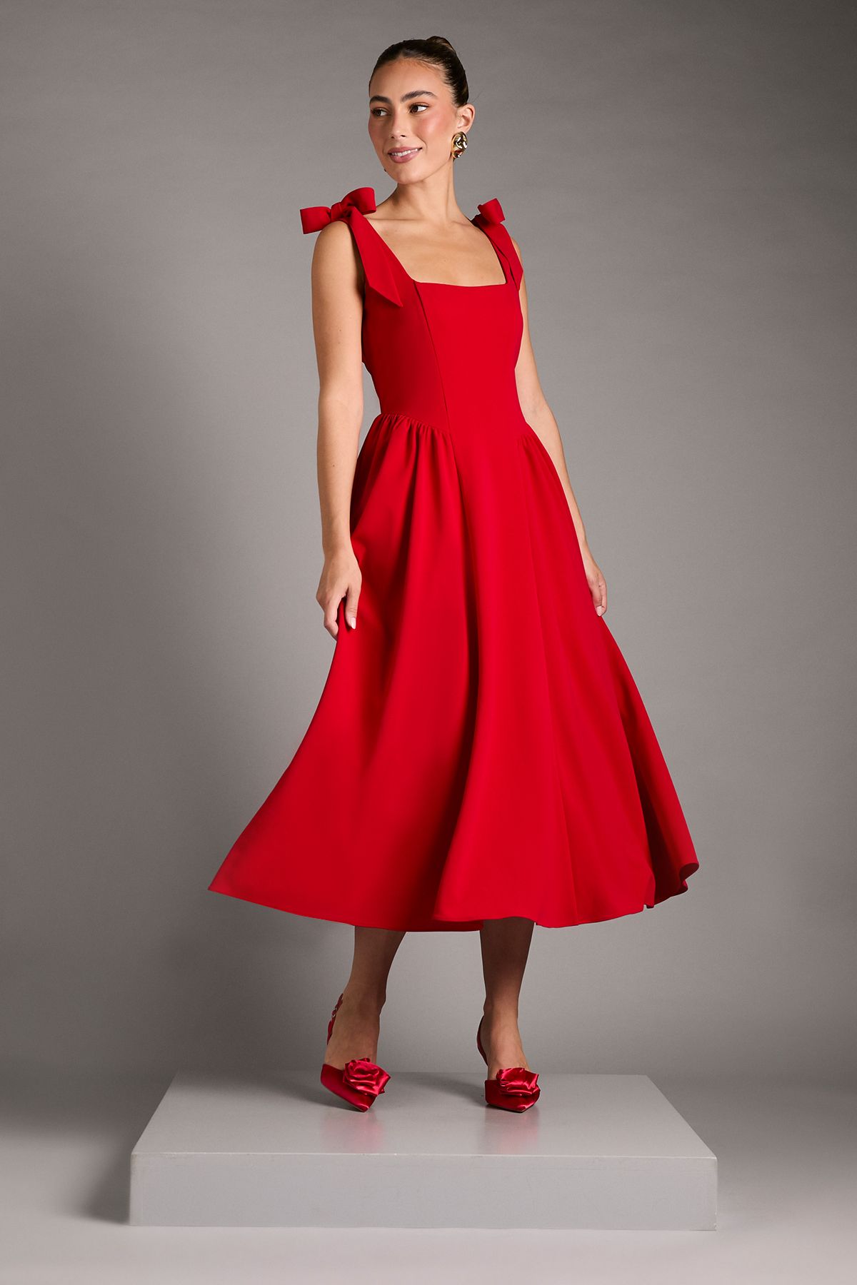 Coast Sleeveless Crepe Midi Dress With Bow Detail Straps Red